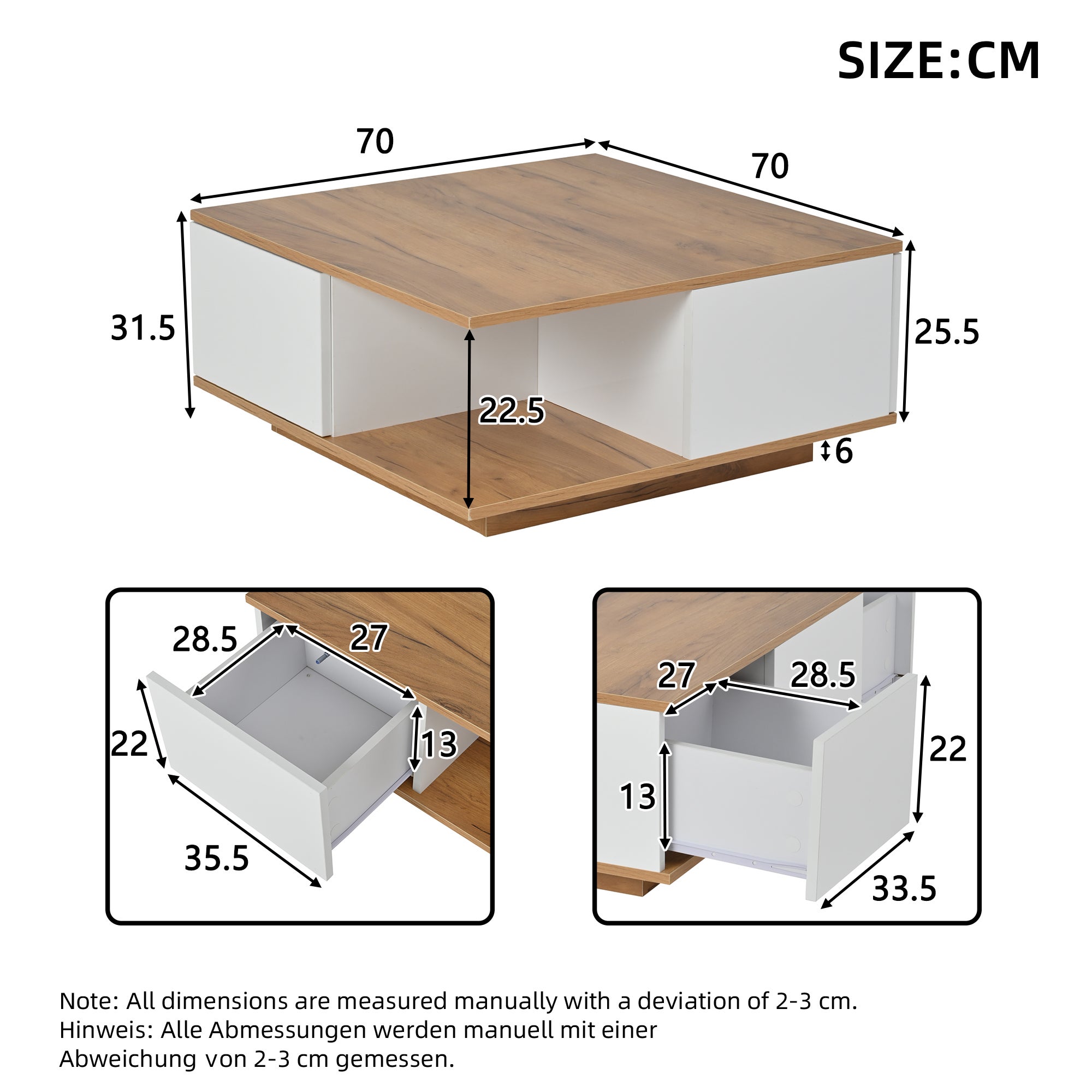 Stolik kawowy kwadratowy z 3 szufladami, stolik pomocniczy - 70 x 70 x 31,5 cm - diody LED - płyta wiórowa - kolor biały i orzechowy - 7