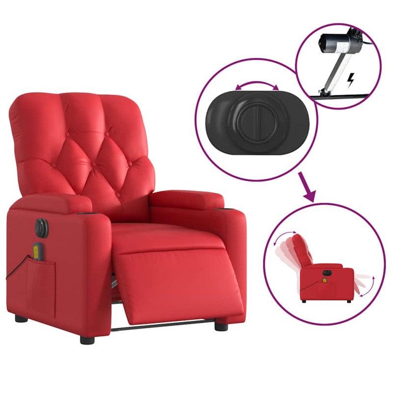 Sillón de masaje reclinable eléctrico de cuero artificial rojo vidaXL - 5