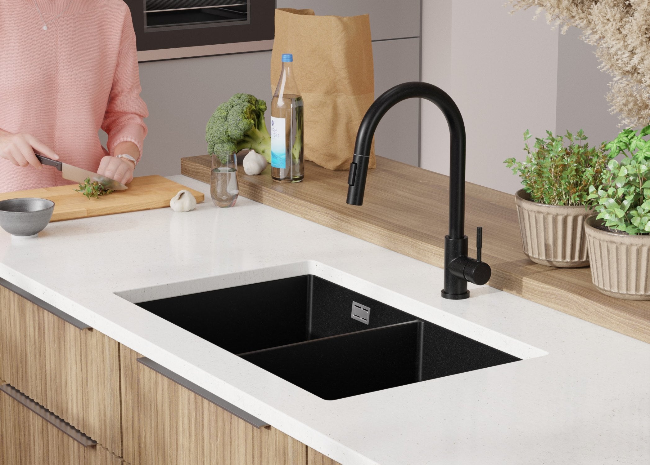 Evier Sous Plan Tout Noir 76x47cm, Evier en Granit 2 bacs + Kit de Vidage, Évier au meuble 80cm - London Twin PRIMAGRAN - 9