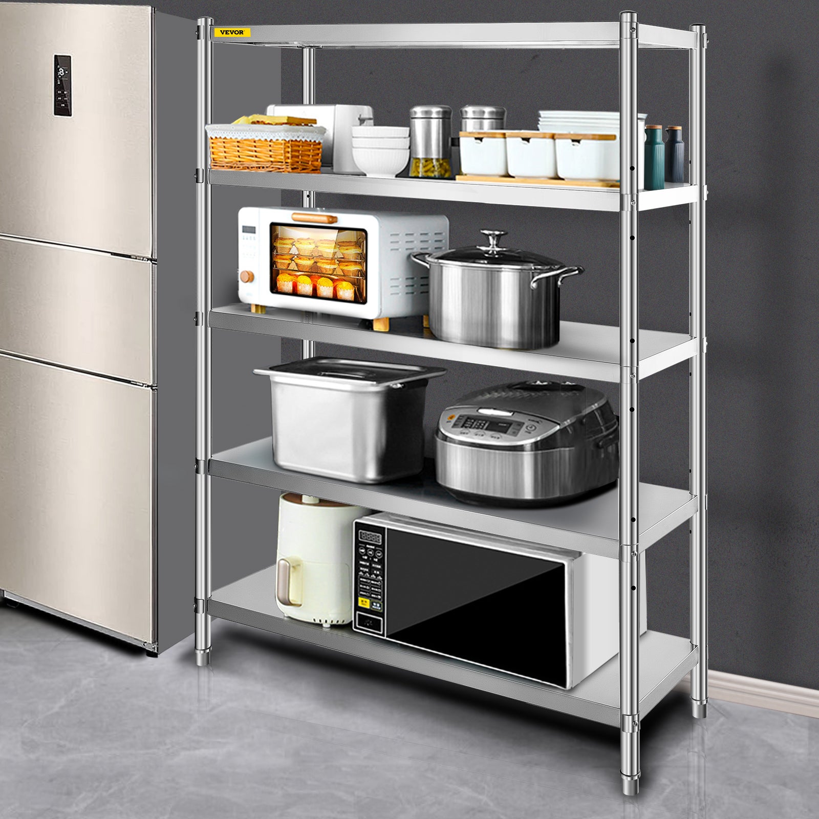 Étagère de Rangement à VEVOR 5 Niveaux en Acier Inoxydable Étagère De Cuisine Hauteur Réglable Garage Entrepôt Étagère Utilitaire Métal 120x45x183 cm - 8