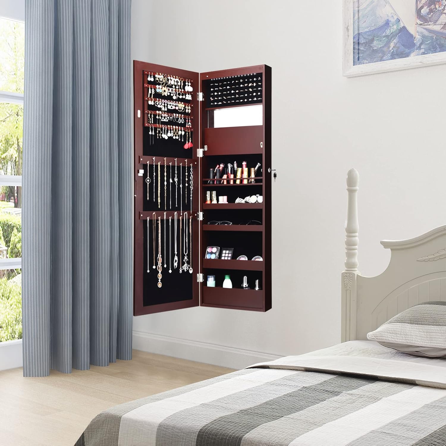 Armoire à Bijoux Murale avec Miroir Pleine Longueur,avec Lumières LED Automatiques Miroir Intégré,Serrure à Clé,Marron - 3