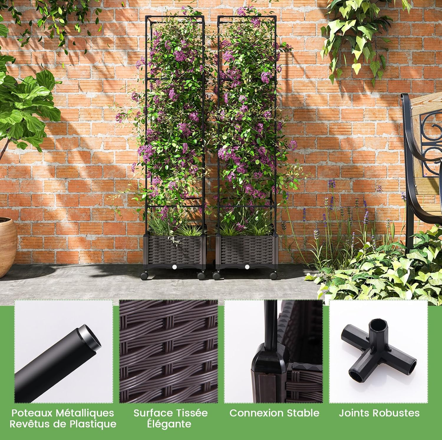 Jardinière avec Treillis Jardin pour Plantes Grimpantes, Obélique avec Carré Potager Pot,Cage à Tomates à roulettes 170/130/90/50CM 40 x 40 x 32CM - 8