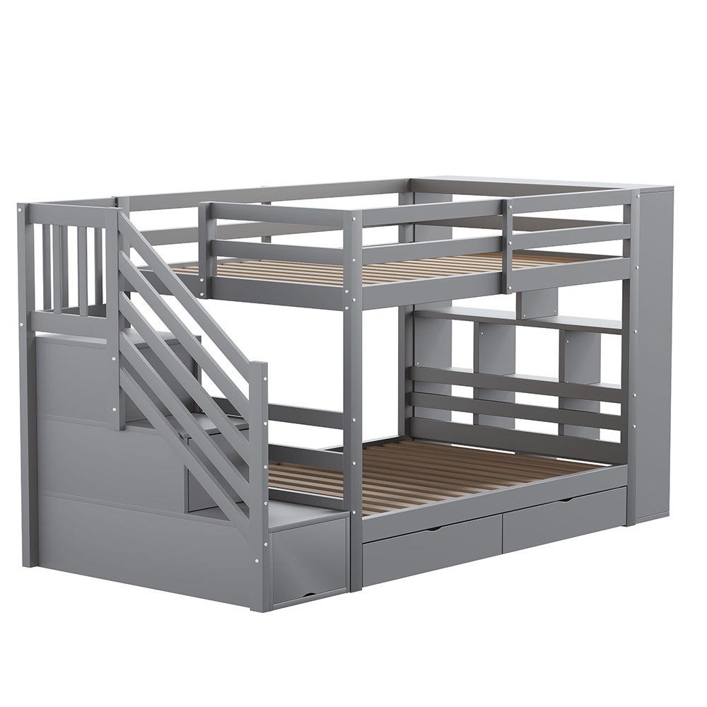 Lit superposé enfant 90x200 cm avec 2 tiroirs - Escalier de rangement - Étagères ouvertes - Barrière haute - Sommier à lattes - Gris - 9