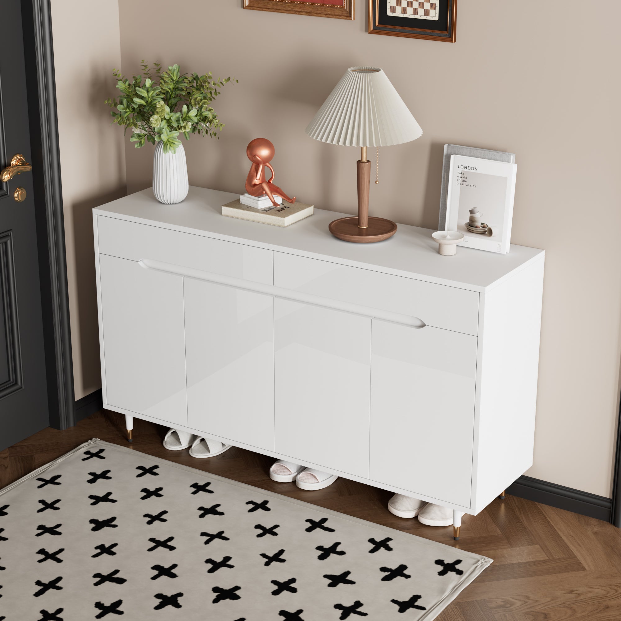 Meuble à chaussures moderne 140x39x84 cm - 2 portes et 2 tiroirs - Étagères réglables - Pieds dorés - Blanc - 4