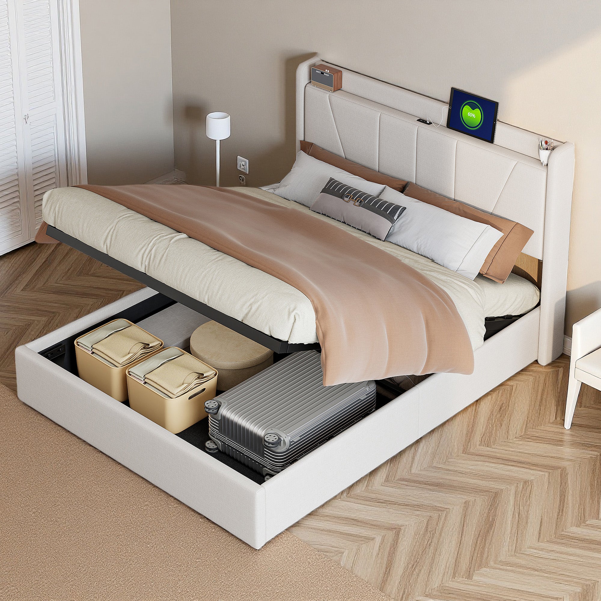 Lit coffre 160x200 cm avec port USB et Type C, cadre de lit double avec sommier à lattes, tissu en lin, lit adulte, 160x200 cm, beige - 2