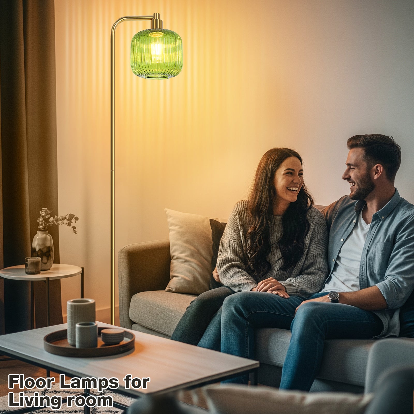 Lampadaire moderne en verre vert – abat-jour cannelé, interrupteur au pied, 170 cm, inclut ampoule LED 9W - 8