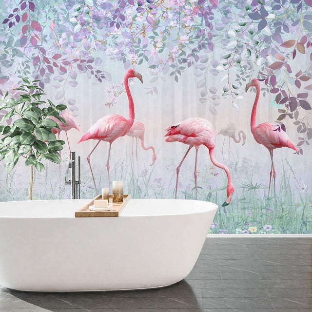 Poster Su Tela Botanico Con Fenicotteri Rosa Per Bagno - 30,5x38 Cm - Pronto Da Appendere