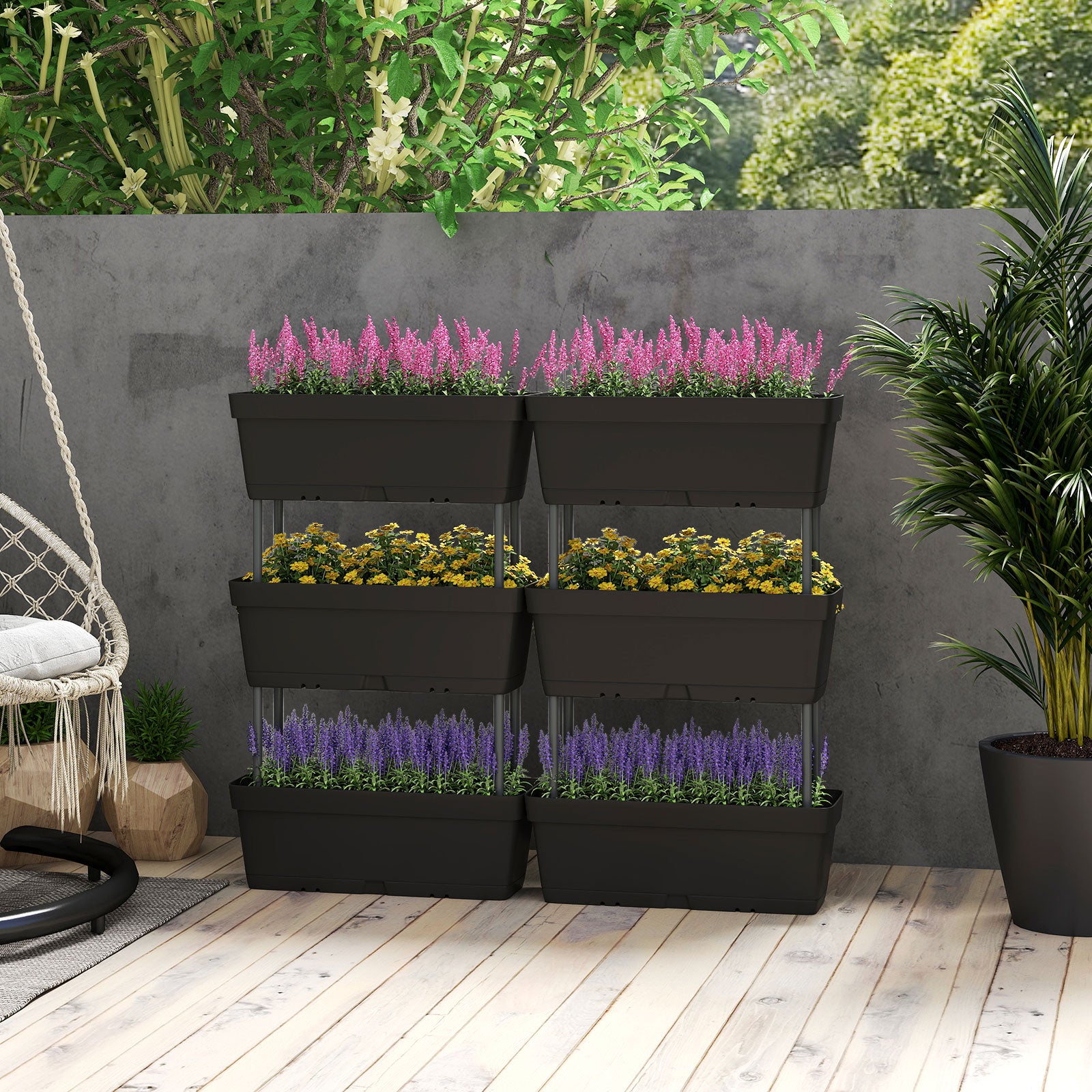 Jardinière Surélevée Vertical avec 6 Bacs de Plantation Trous de Drainage, Lit de Jardin Arrangement DIY pour Fruits Légumes Fleurs Herbes, Noir - 9