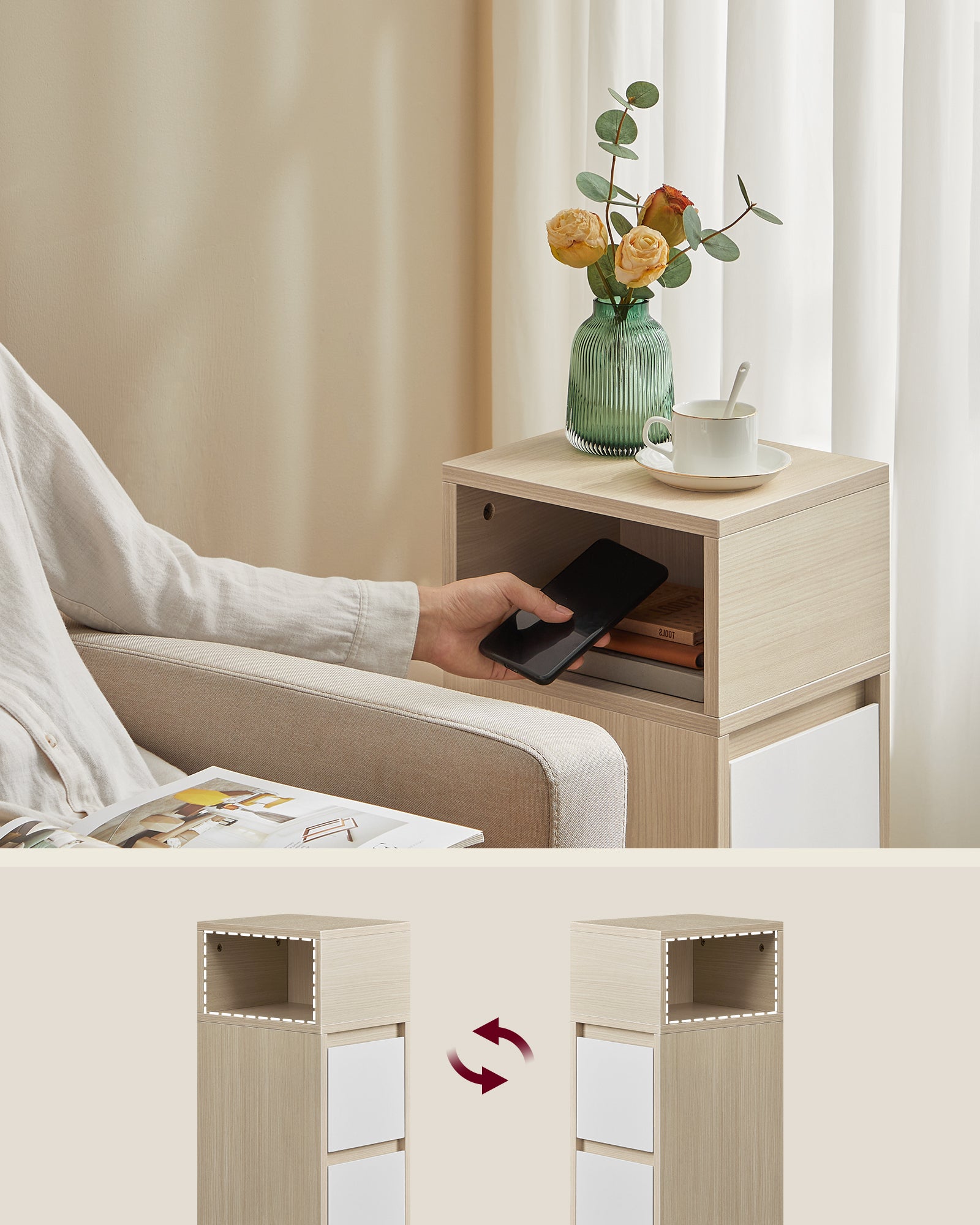 Table de Chevet Étroite, Table d’Appoint avec 2 Tiroirs et Compartiment Ouvert, Montage à Gauche ou à Droite, Beige Naturel et Blanc Nuage - 4