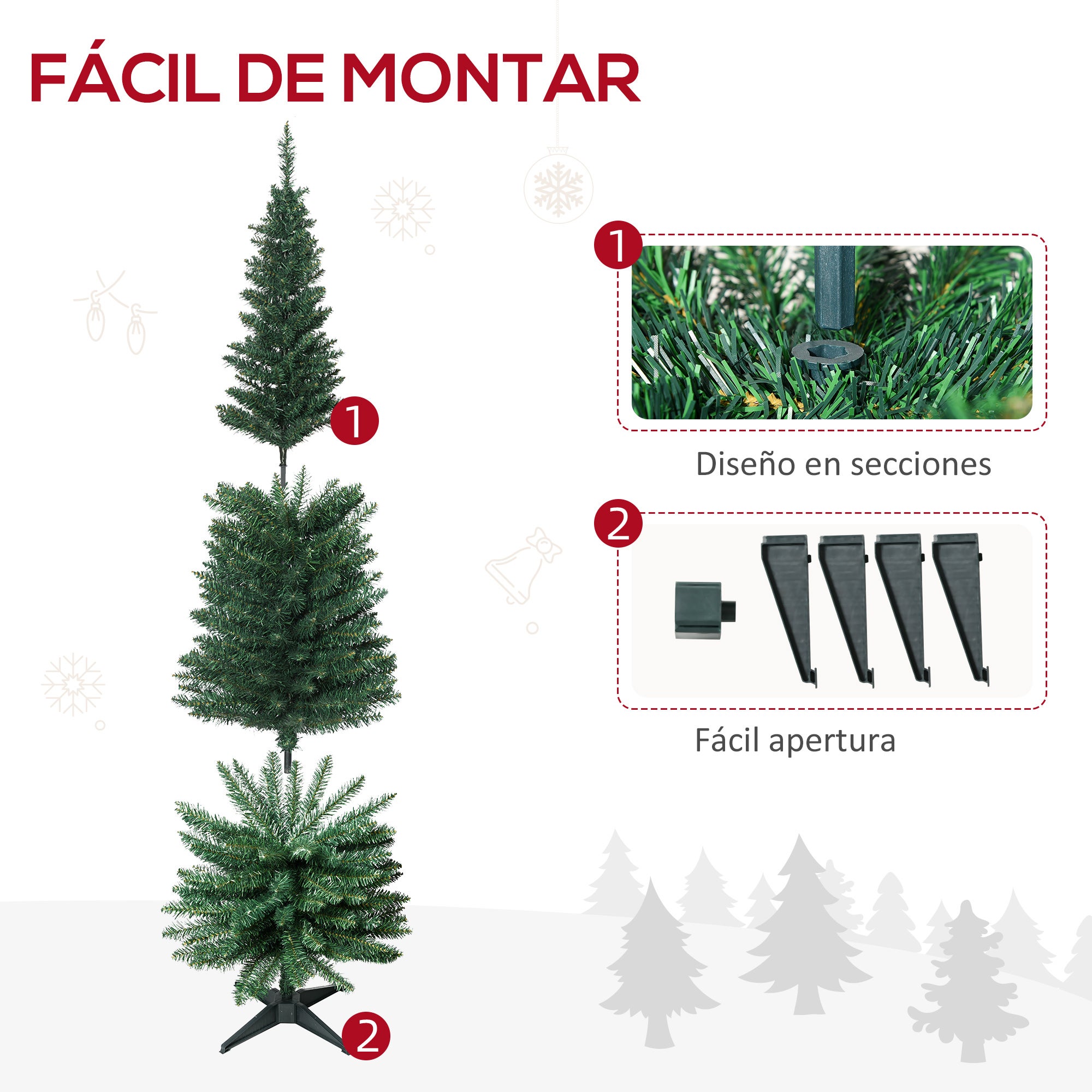 Sapin Noël artificiel étroit 180 cm 390 branches vert, base détachable, assemblage facile, décoration fêtes - 7