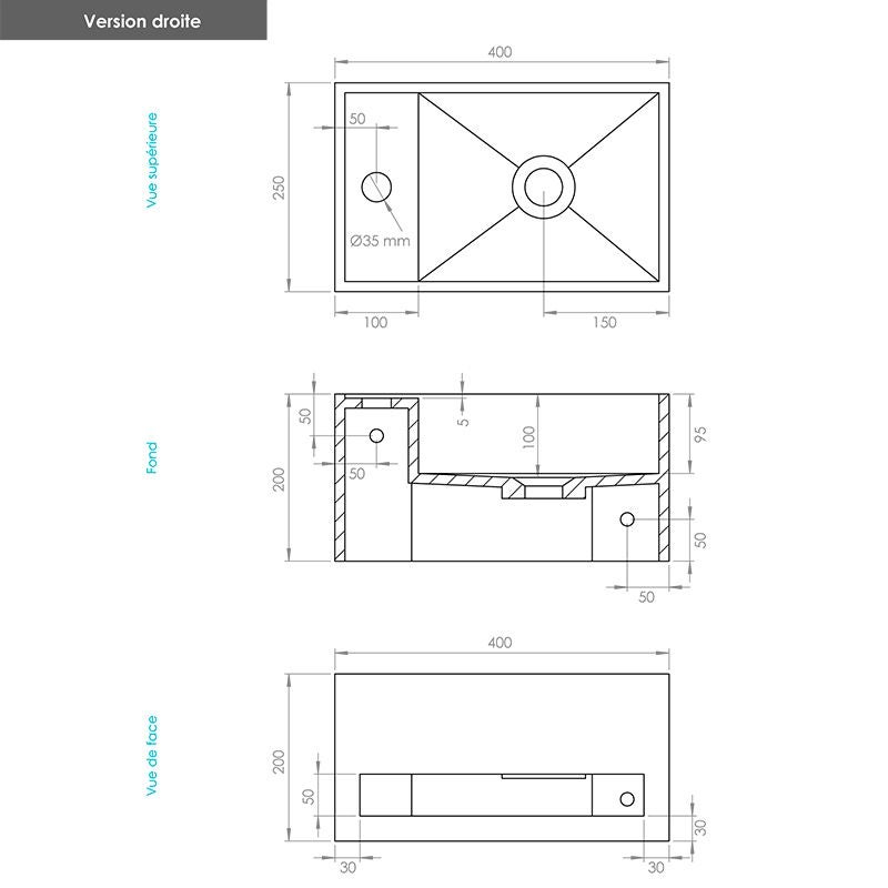 EASY 40 DROITE - Lave-mains suspendu en Solid Surface 40 x 25 x 20(h) cm - 4