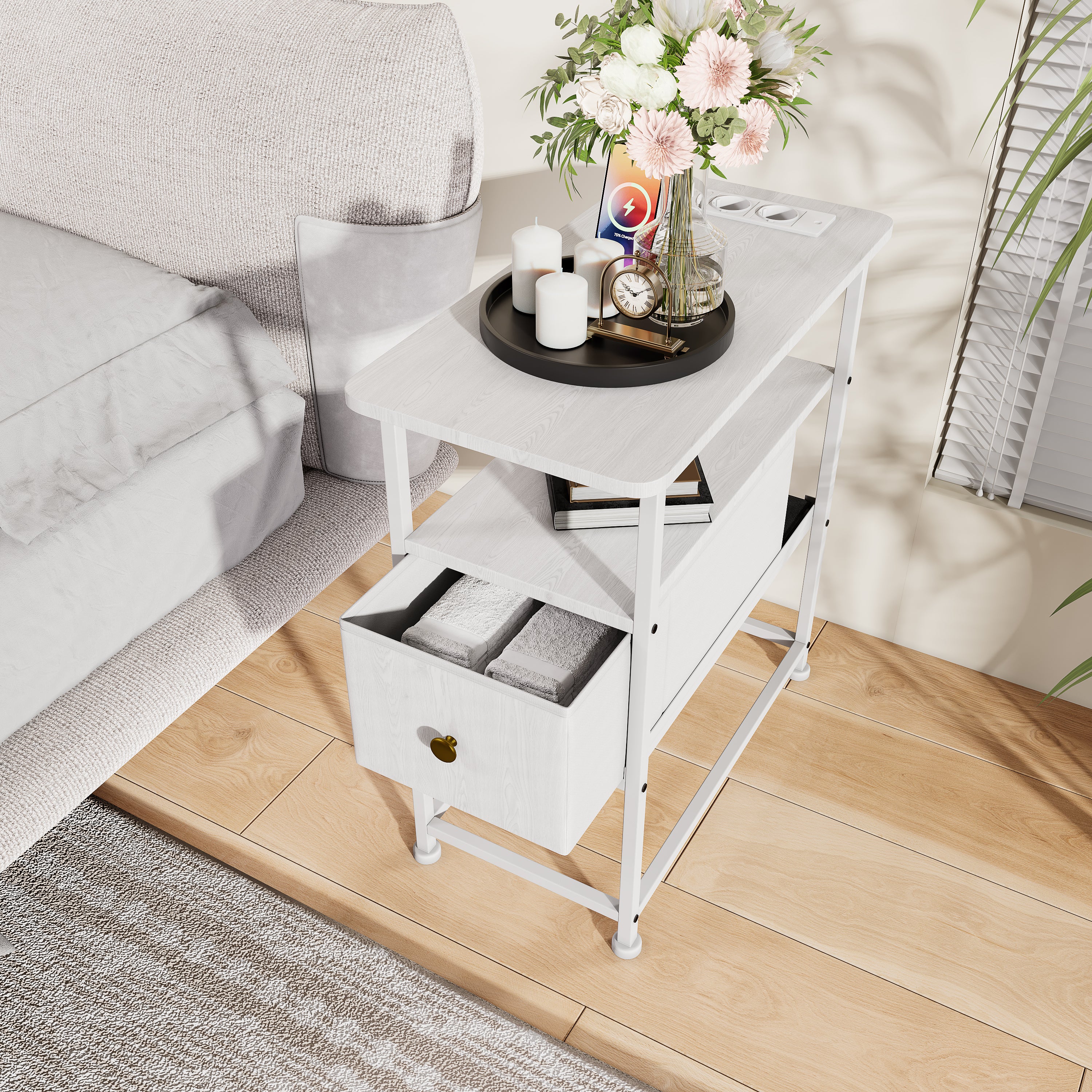 Table d'Appoint avec tiroirs - prise électrique incluse, structure en métal, pieds antidérapants, espace de rangement ouvert - 60x30x62 cm - blanche - 2