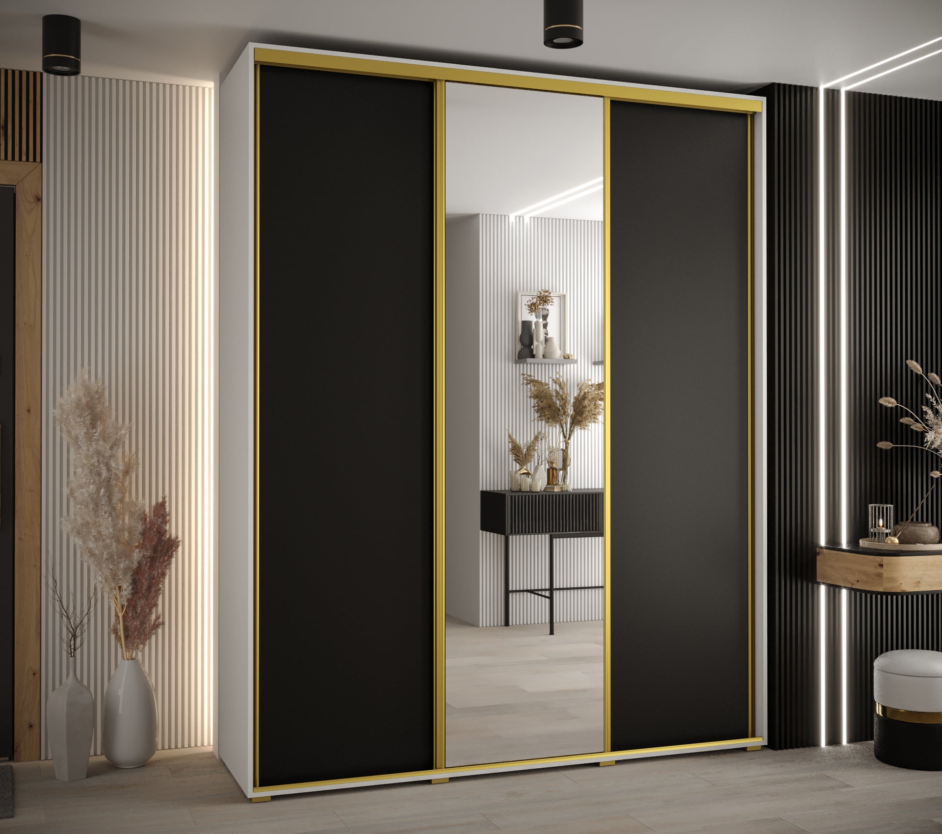 Szafa przesuwna z lustrem wysoka Davos 3 190 x 45 x 235,2 cm biały + czarny + u. złoty - Abiks Meble - 2