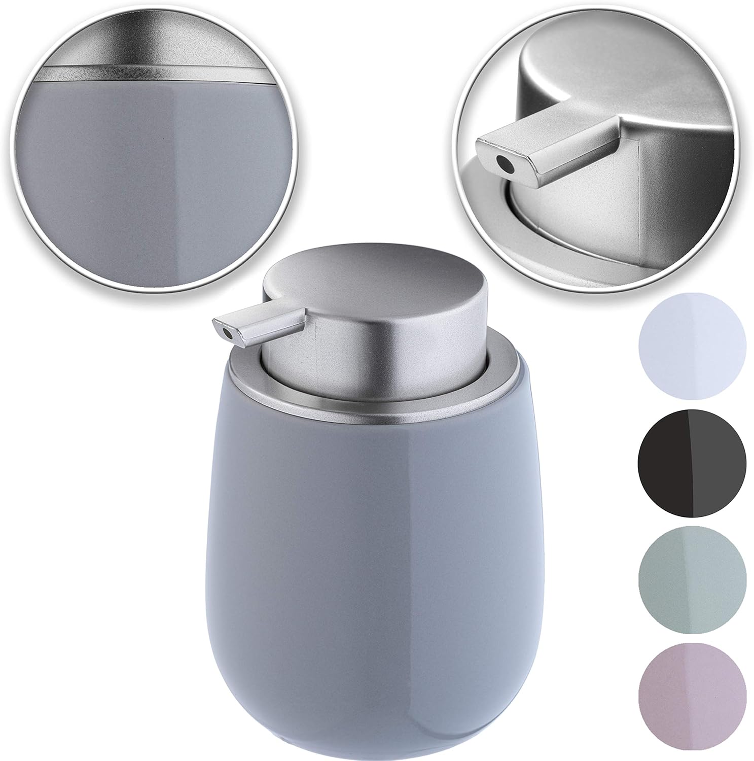 Distributore di sapone in ceramica, distributore di sapone con pompa in plastica, distributore di sapone liquido, superficie liscia, rotondo (grigio) - 3