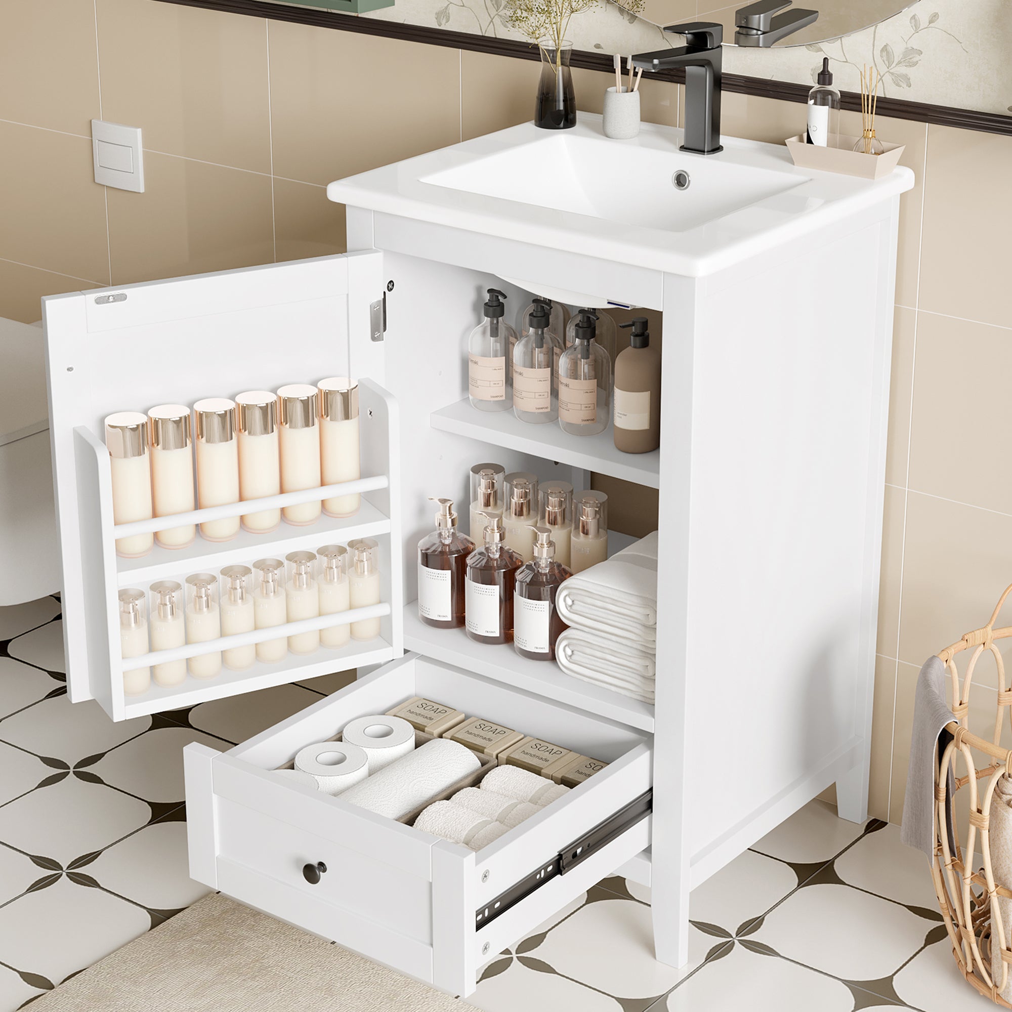 Meuble de salle de bain sur pied 51 x 46 x 85 cm avec vasque, tiroir silencieux grande capacité, étagère réglable - 2