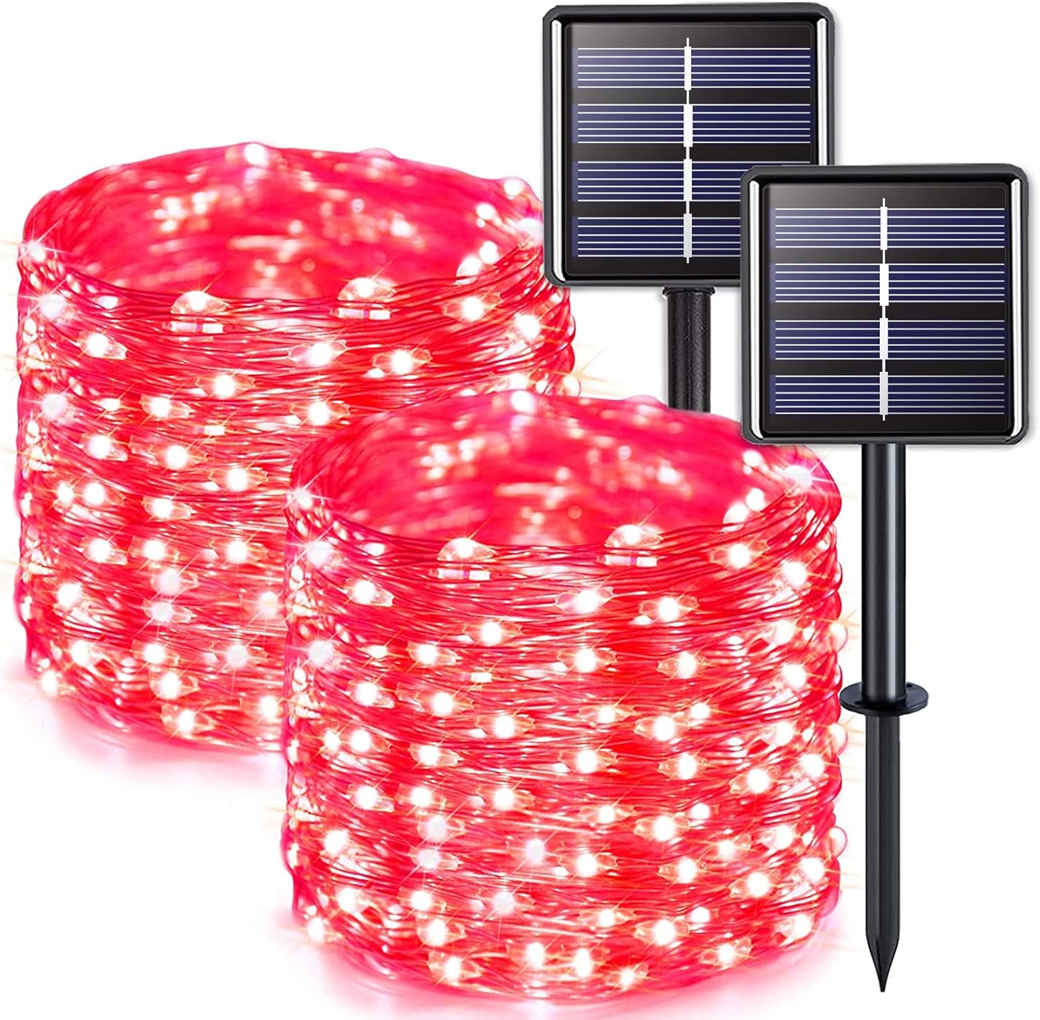 Zestaw 2 lampek solarnych do użytku na zewnątrz, drut miedziany, wodoodporny, 42 metry na lampkę, 400 diod LED (czerwone światło)