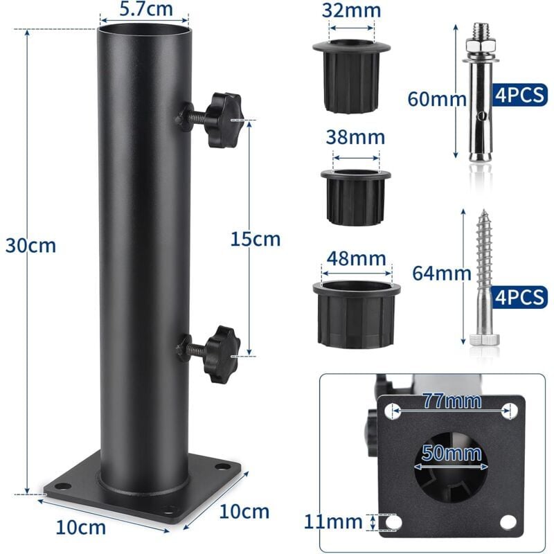 Pied Parasol, Tube de Parasol, Support Parasol Metal Réglable avec 3 Anneaux de Réduction en PVC (32/38/48mm), Tube pour Pied de Parasol - 2