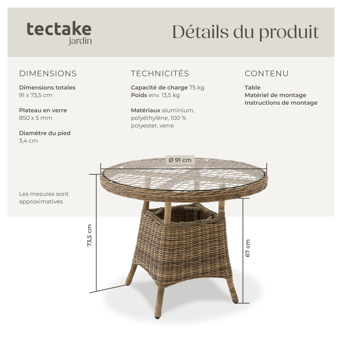 TECTAKE Mesa de jardín de aluminio resistente a la intemperie y a los rayos UV - 6
