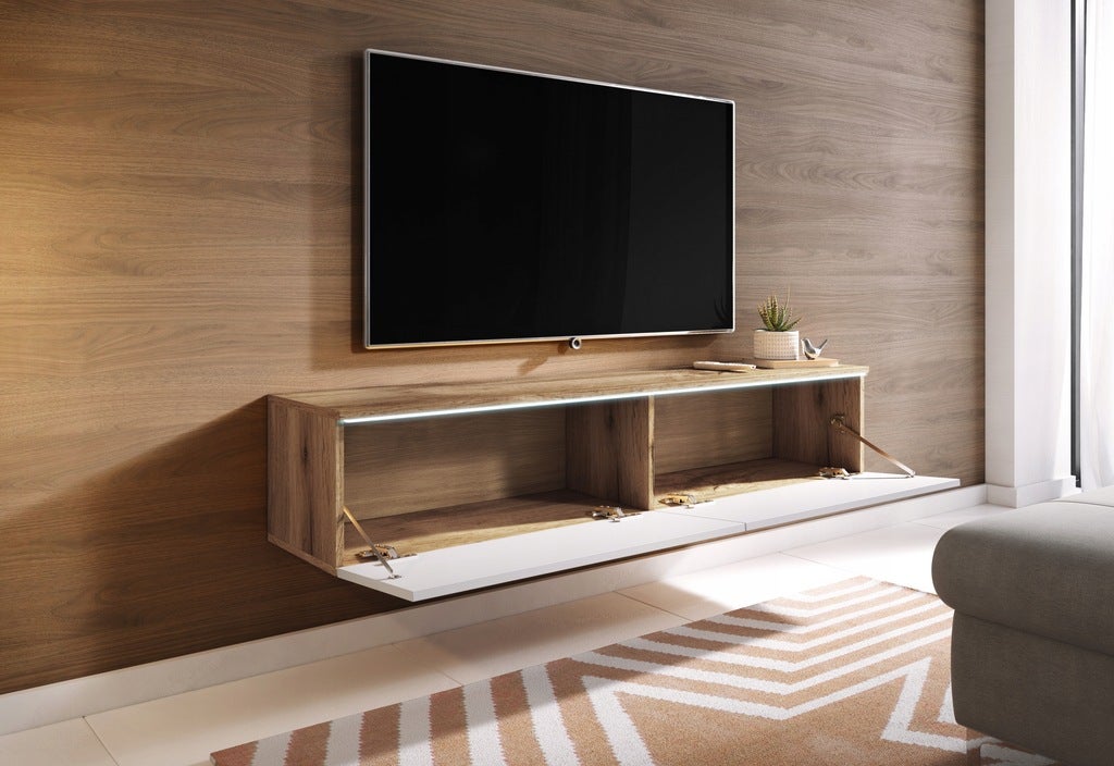 Meuble TV Lowboard D140 Chêne Wotan/Blanc brillant, Nombre de portes : 2, 140x30x31 cm - 4