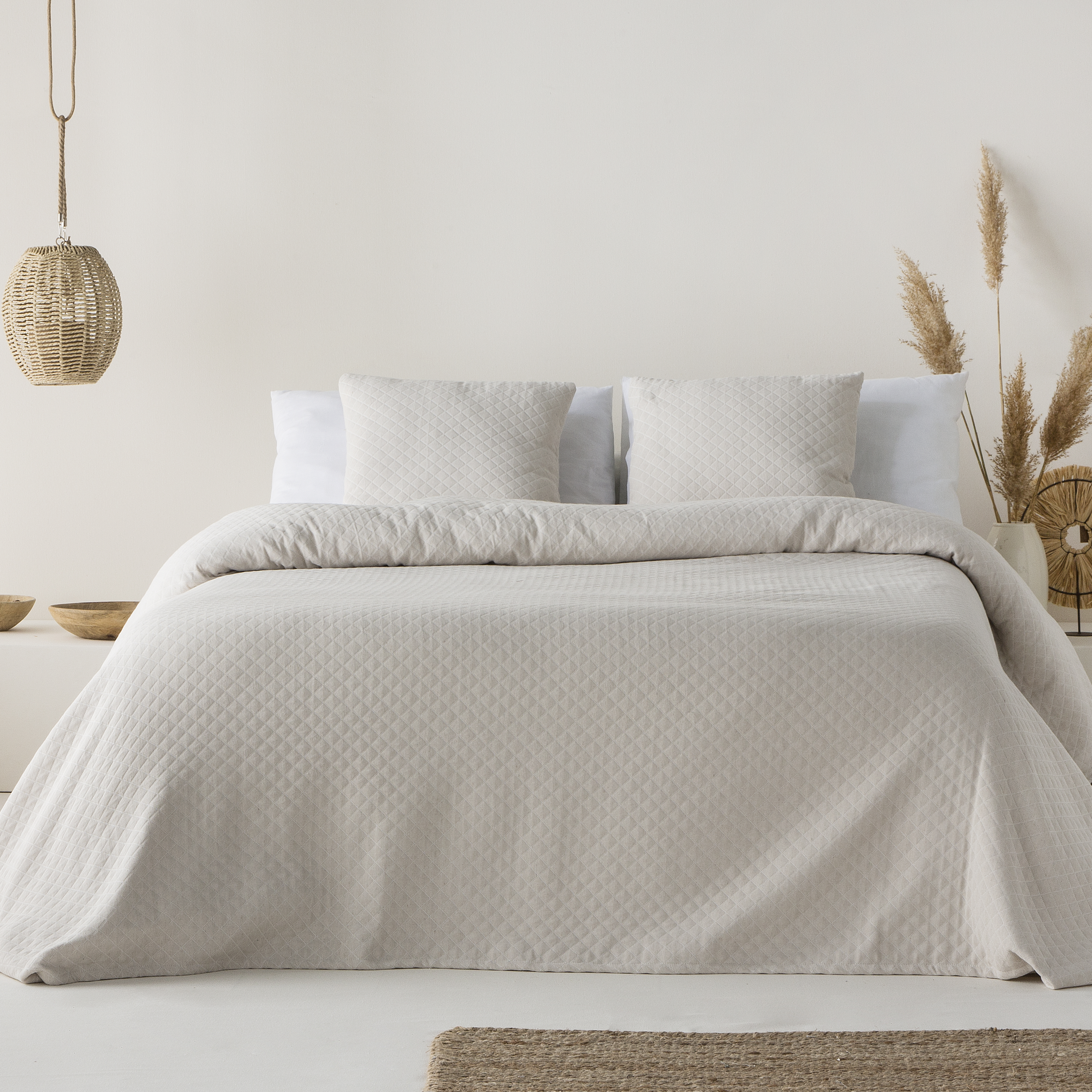 Colcha cama 135/140 cm ligera entretiempo primavera verano lisa jacquard algodón transpirable, 235x270 cm, color lino