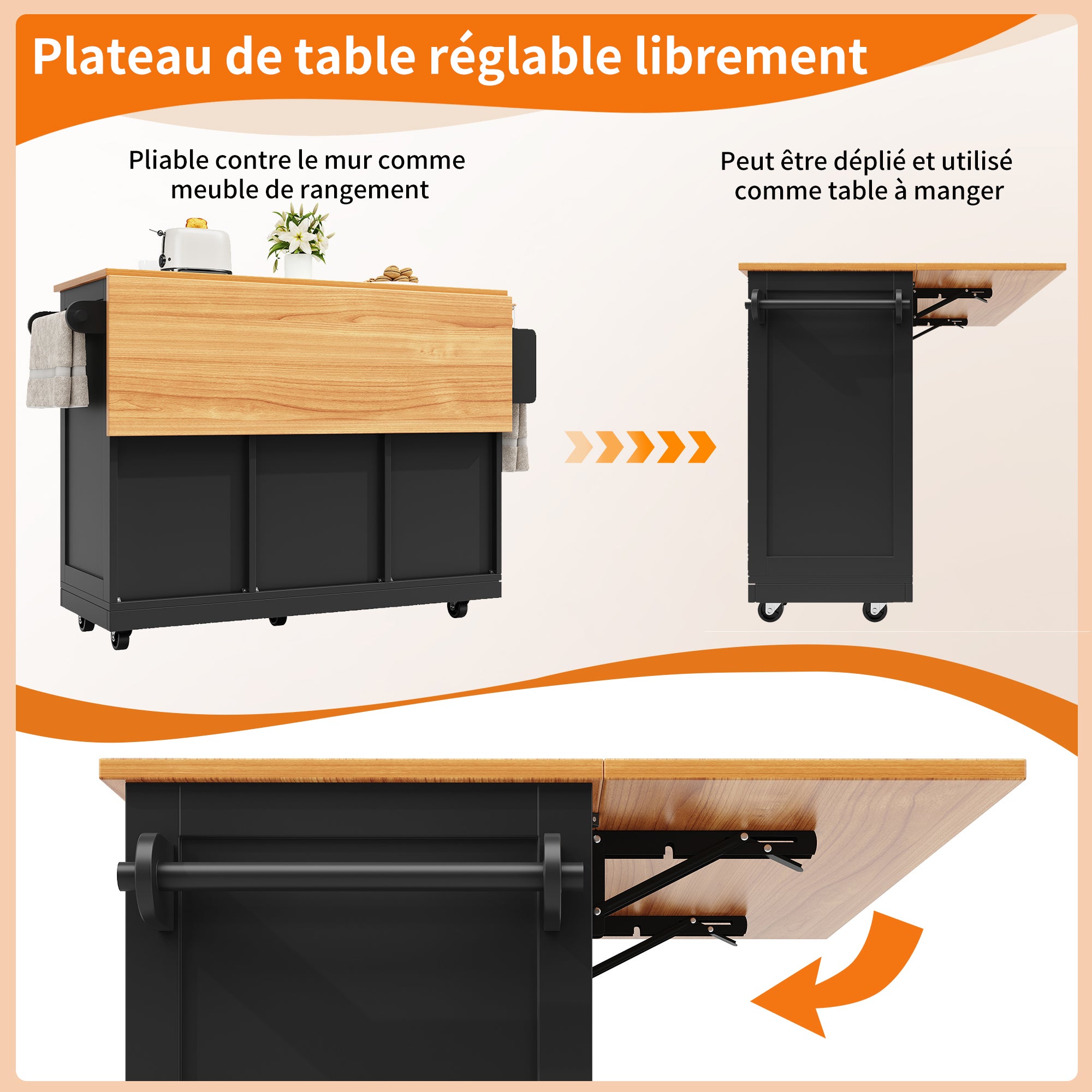 ilot Central Cuisine sur roulettes avec 2 tiroirs, Table à Manger Extensible avec porte-serviettes latéral(Noir, 140x40-70x93,5cm) - 4