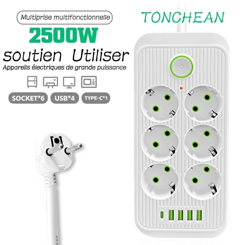 Listwa zasilająca 6 gniazd 2500 W 10 A 230 V z 4 portami ładowania (4 USB A + 1 USB C), ochrona przeciwprzepięciowa z wyłącznikiem, kabel 2 m - Biała