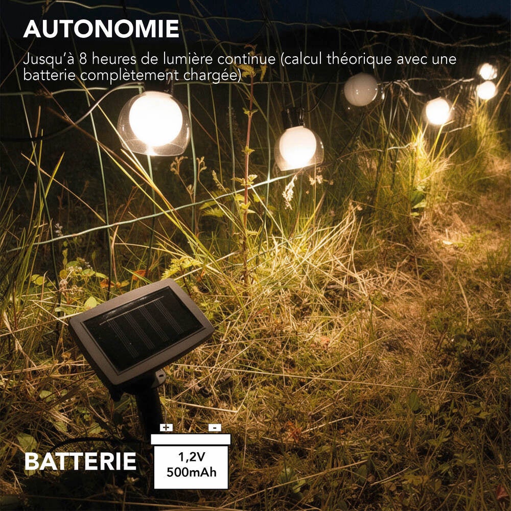 Guirlande Guinguette Solaire LED 6.15m, 10 ampoules, 2700K Blanc-chaud, IP44, Crépusculaire - Tibelec - 3