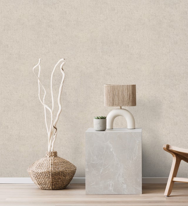 Papel de parede vinílico com textura de argila natural em tons de bege - Aspen Mirage 683481 da GAULAN - Rolo de 10 m x 0,53 m