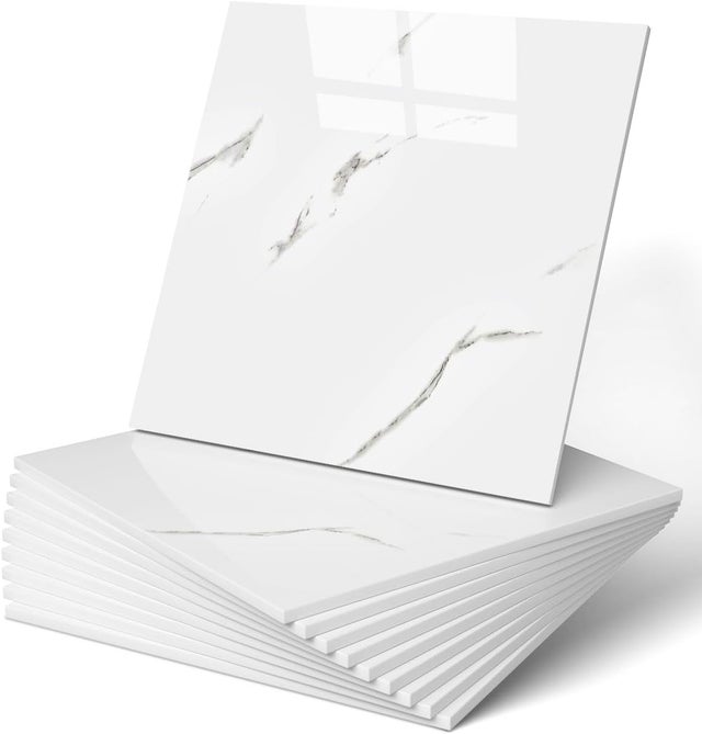 10x Azulejos autoadhesivos impermeables efecto mármol de 30 cm - para ducha, cocina y baño - Paneles de pared de PVC blanco nube