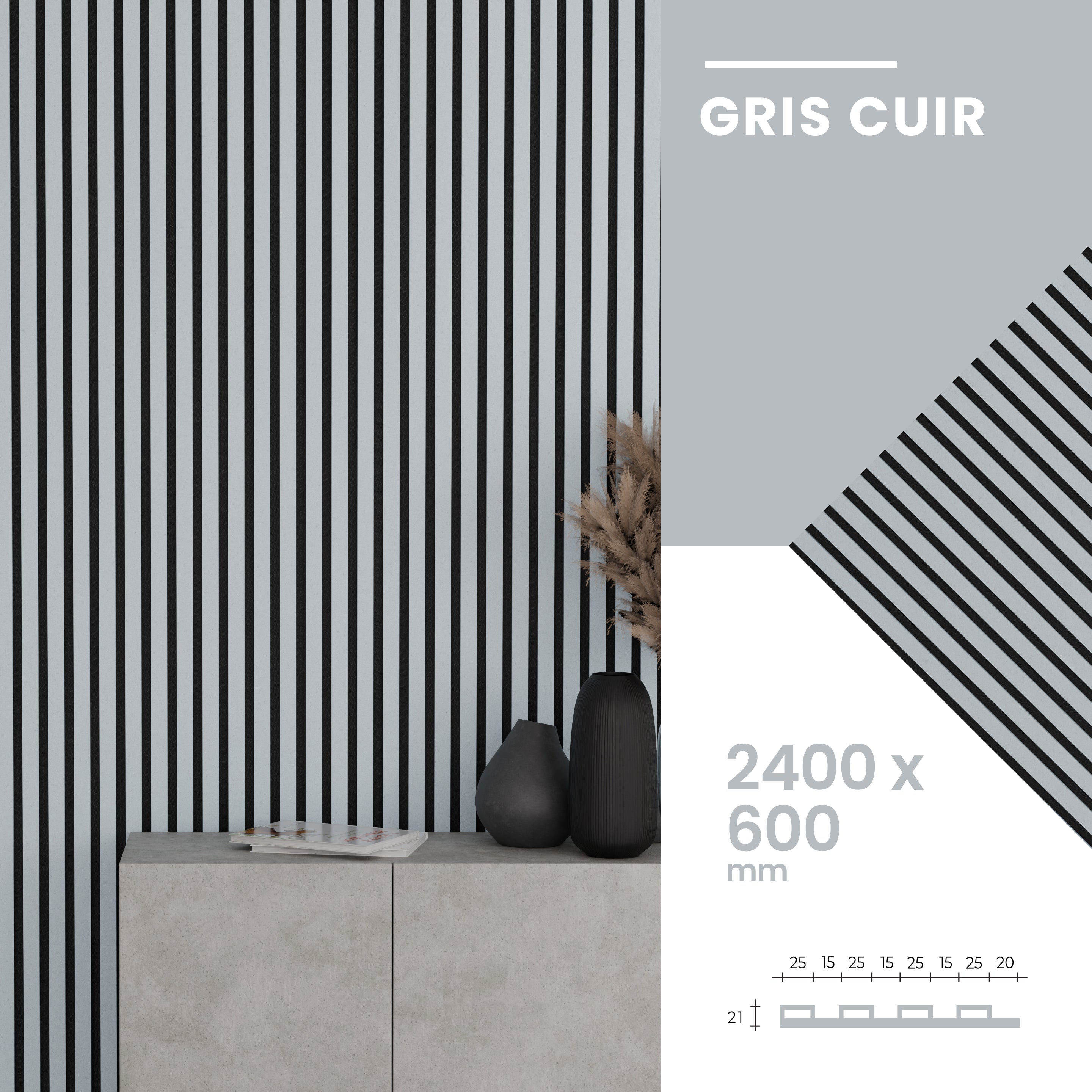 Lot de 2 - 240 x 60 cm - Panneau Tasseaux - Gris Cuir - Feutrine Noir - Qualité Premium - ep 21mm - 6