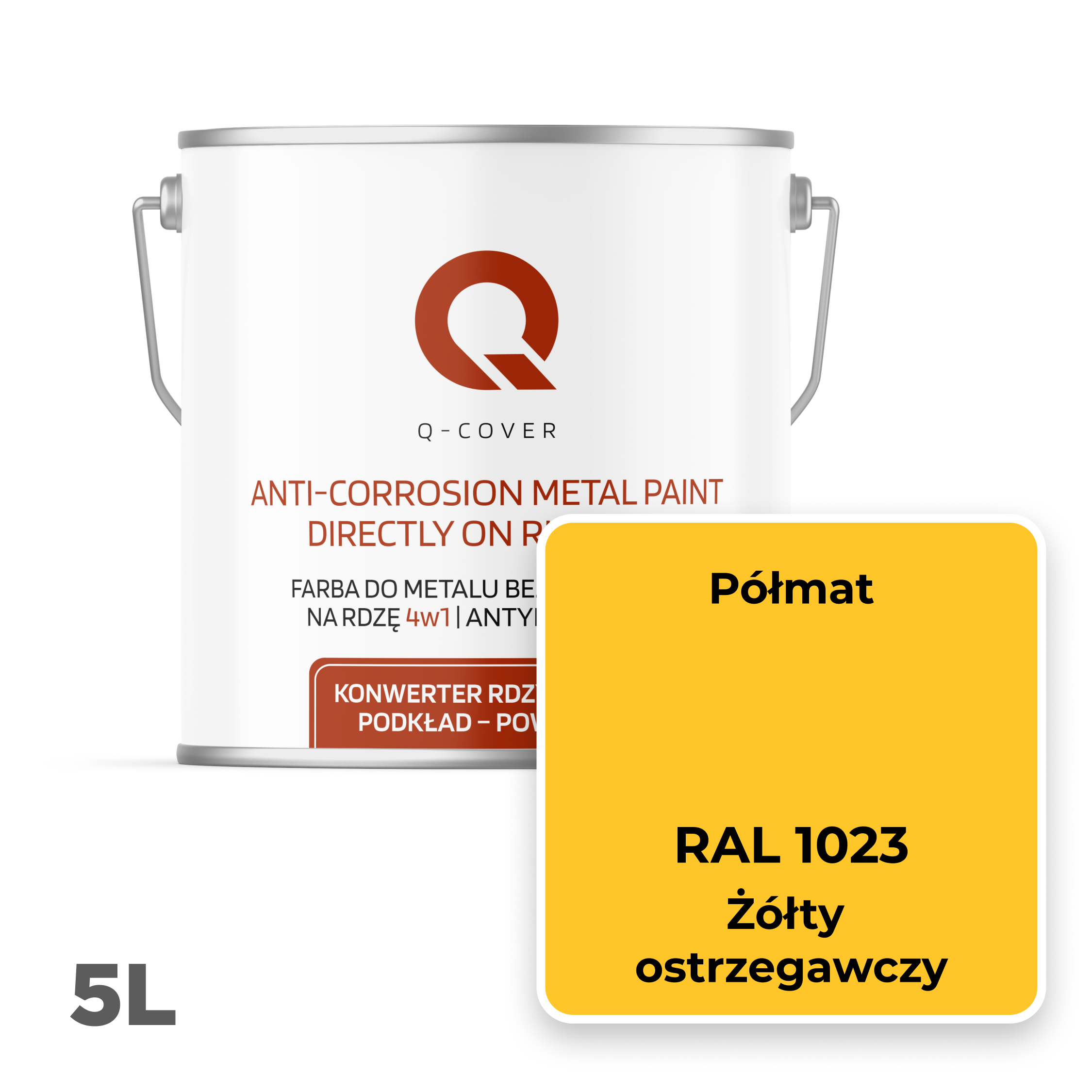 Farba do Metalu Prosto na Rdzę 4w1 Q-Cover Żółty ostrzegawczy RAL1023 Półmat 5L - 2