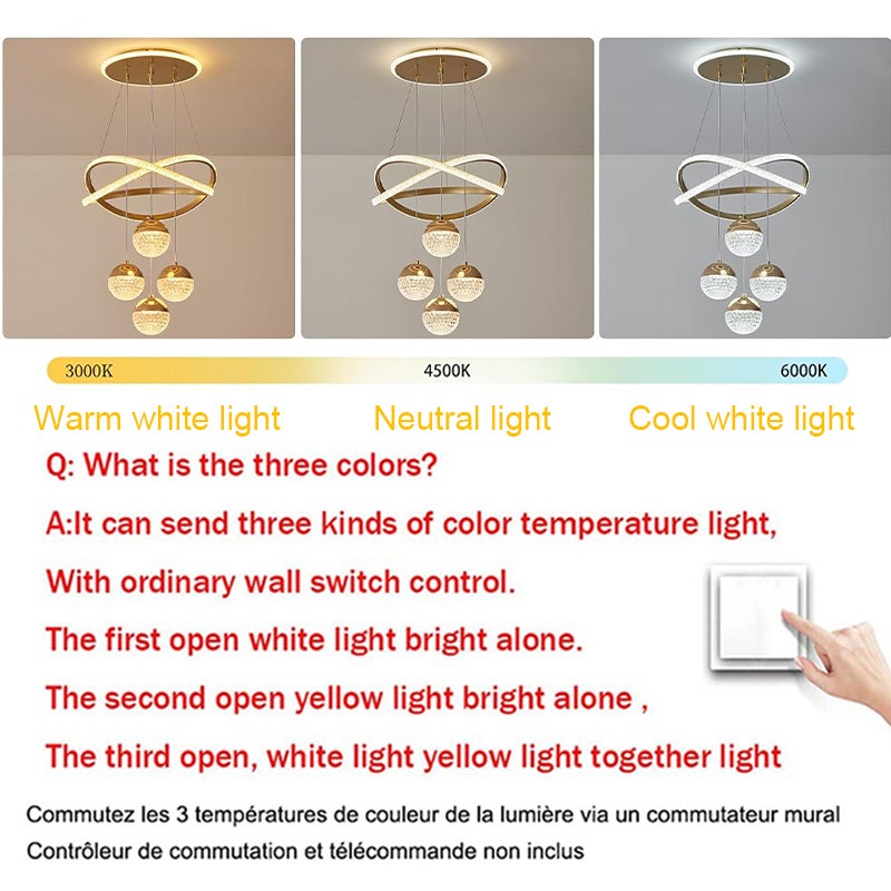 Lustre moderne de luxe, suspension LED 101 W, plafonnier LED à 4 têtes en acrylique, 3 températures de couleur réglables, hauteur réglable, φ 40 cm - 5
