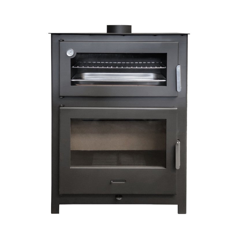 Estufa de Leña con Horno Nadia de 13,4 kW en Acero con Visión Panorámica, Cámara de Vermiculita y Horno Refractario – Incluye Bandeja y Parrilla