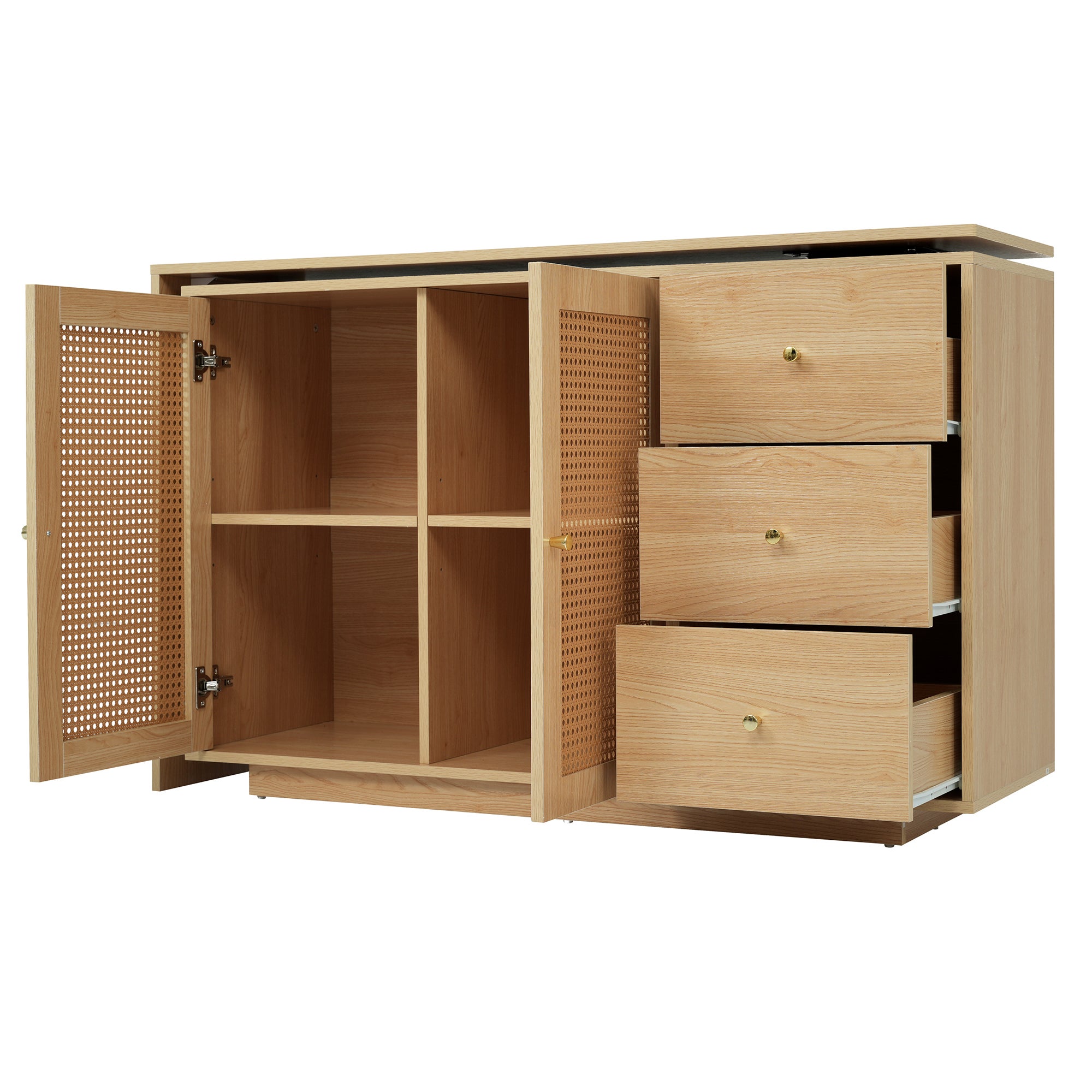 Bureau d'angle avec pivotant 360 degrés, portes en rotin, 3 tiroirs, MDF couleur naturelle - 8