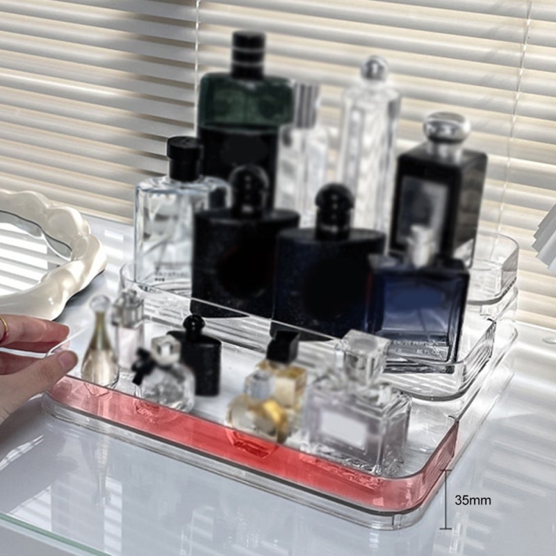 Présentoir à parfums à trois niveaux en acrylique transparent, coiffeuse de bureau, étagère de présentation de cosmétiques de luxe（2PCS） - 7