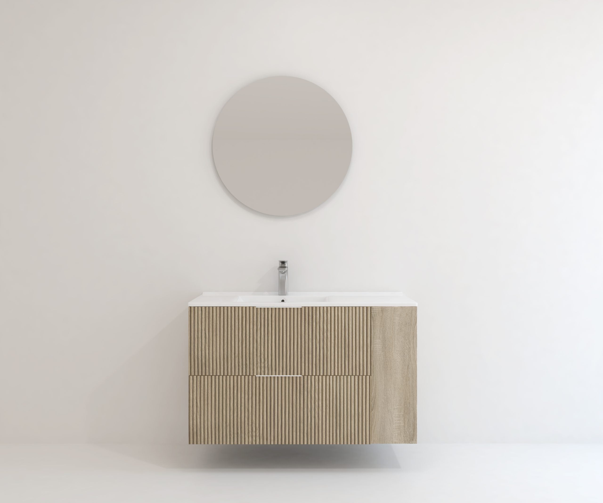 Meuble de salle de bain Mapau Pack avec lavabo et miroir circulaire BRIDAN deux tiroirs chêne Bardolino 100cm - 4