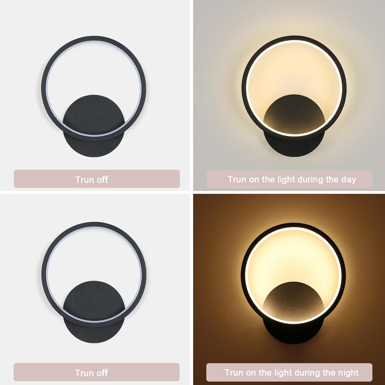 GOECO Applique Murale Intérieure LED - 12W Noir 3000K Lumière Blanche Chaude Ronde Lampe Murale Moderne pour Chambre Salon Couloir Escalier - Ø20cm - 3