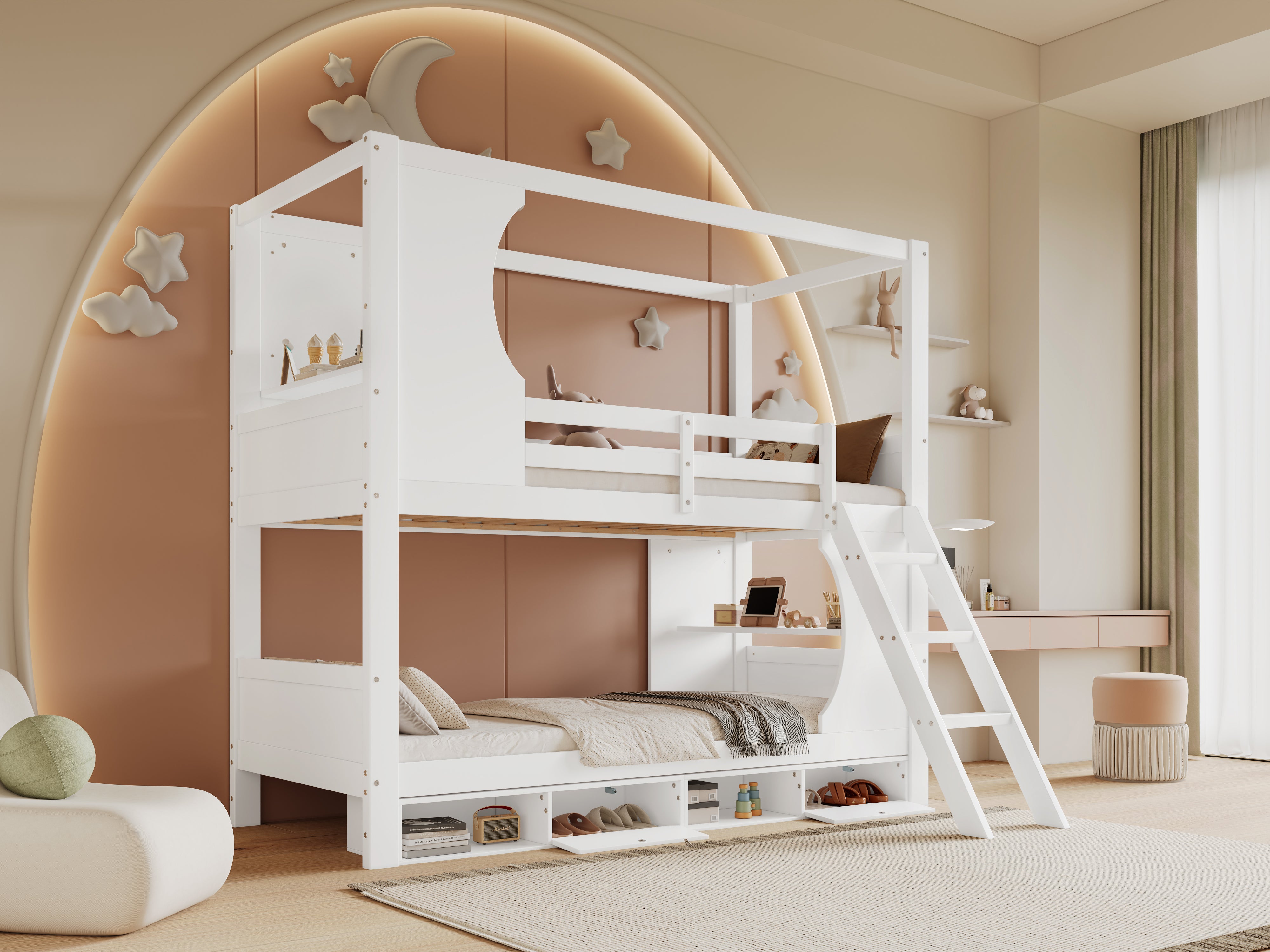 Letto a castello 90x200cm, letto per bambini con sponda di sicurezza, con tavolo, scarpiera con quattro scomparti - 9