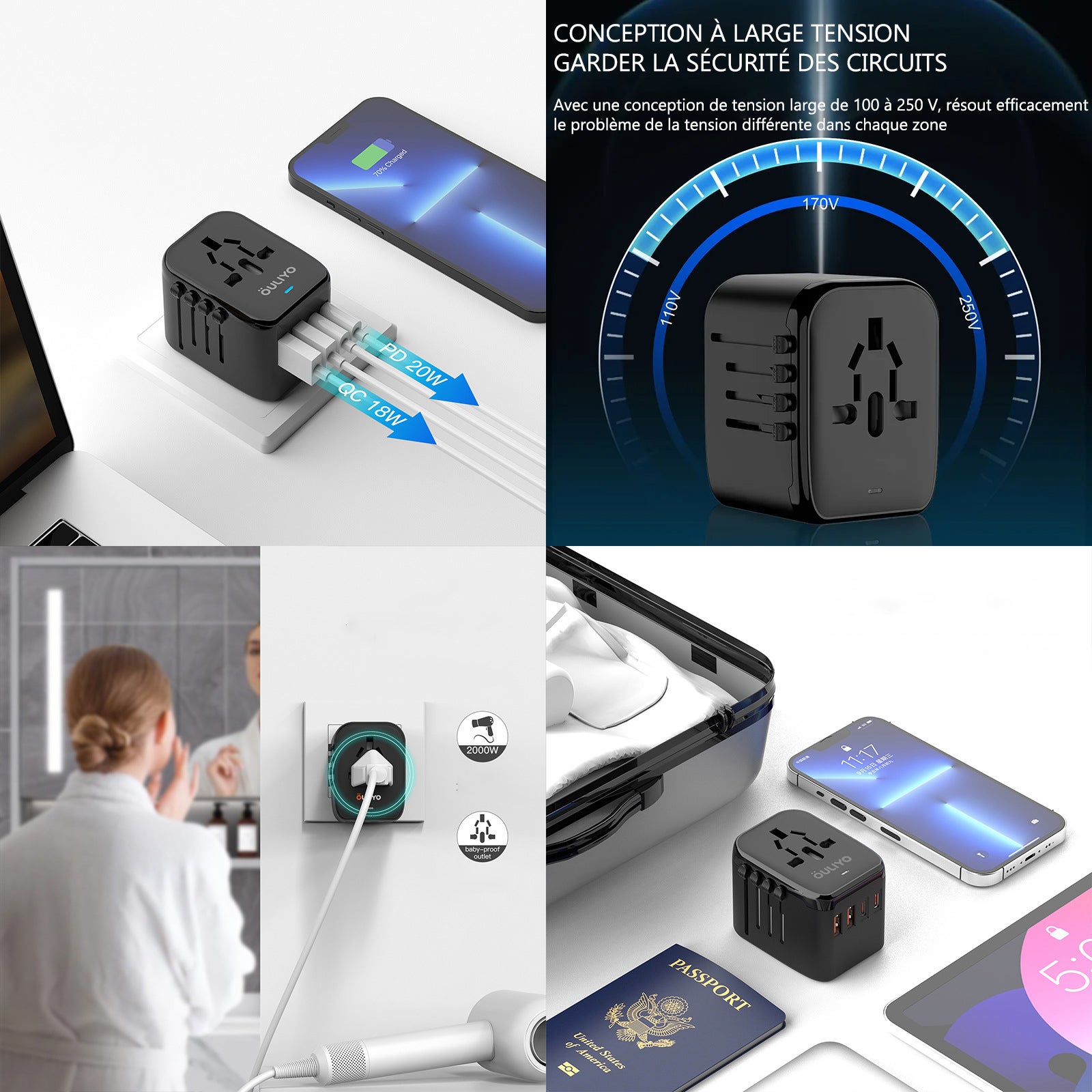 Adaptateur de voyage universel dans le monde entier, adaptateur de prise de voyage international avec Ports USB-C PD et USB-A QC, charge rapide - 5