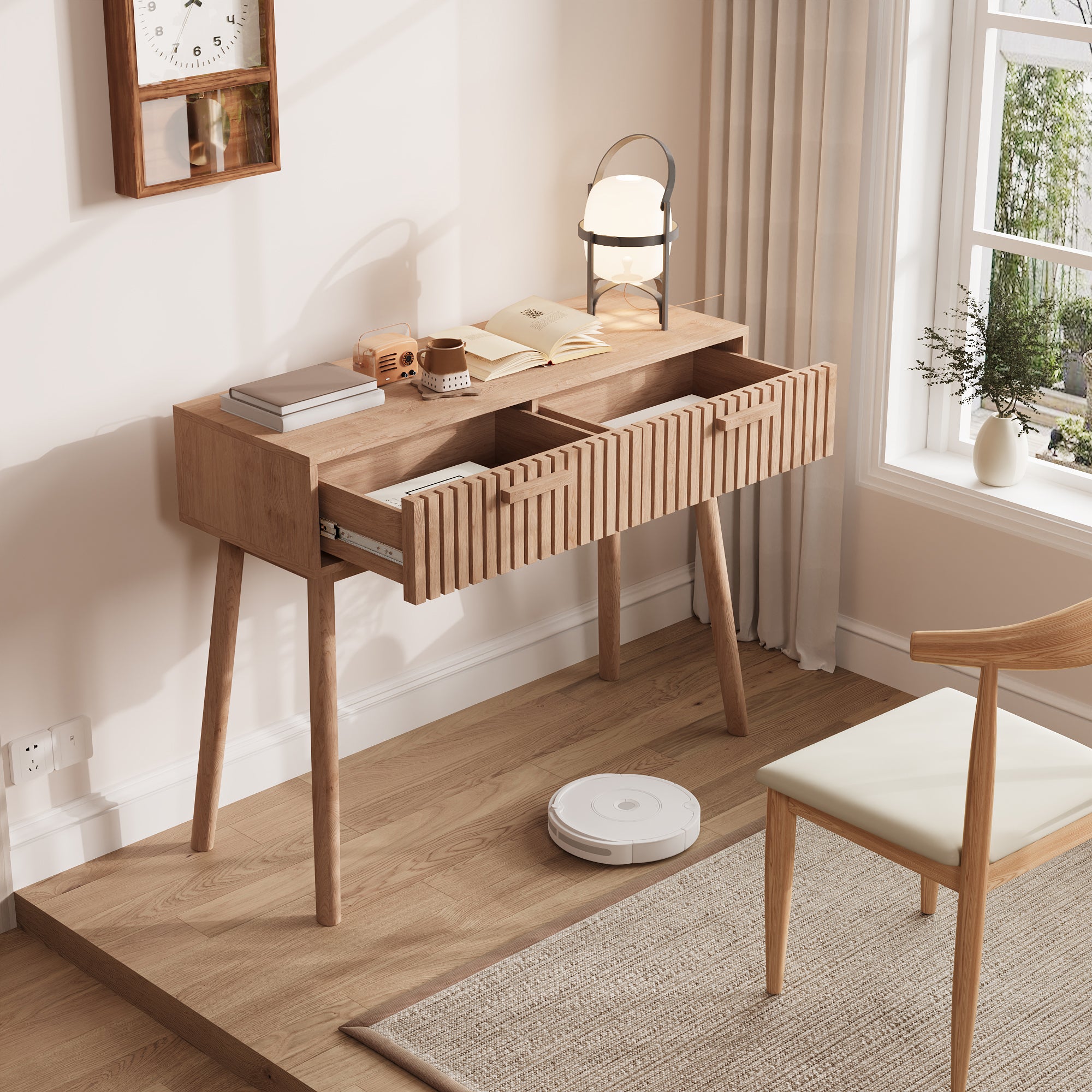 Console en Bois avec 2 Tiroirs pour Salon ou Entrée, Style naturel, Table Console, Table d’Appoint, 100x35x80cm - 3