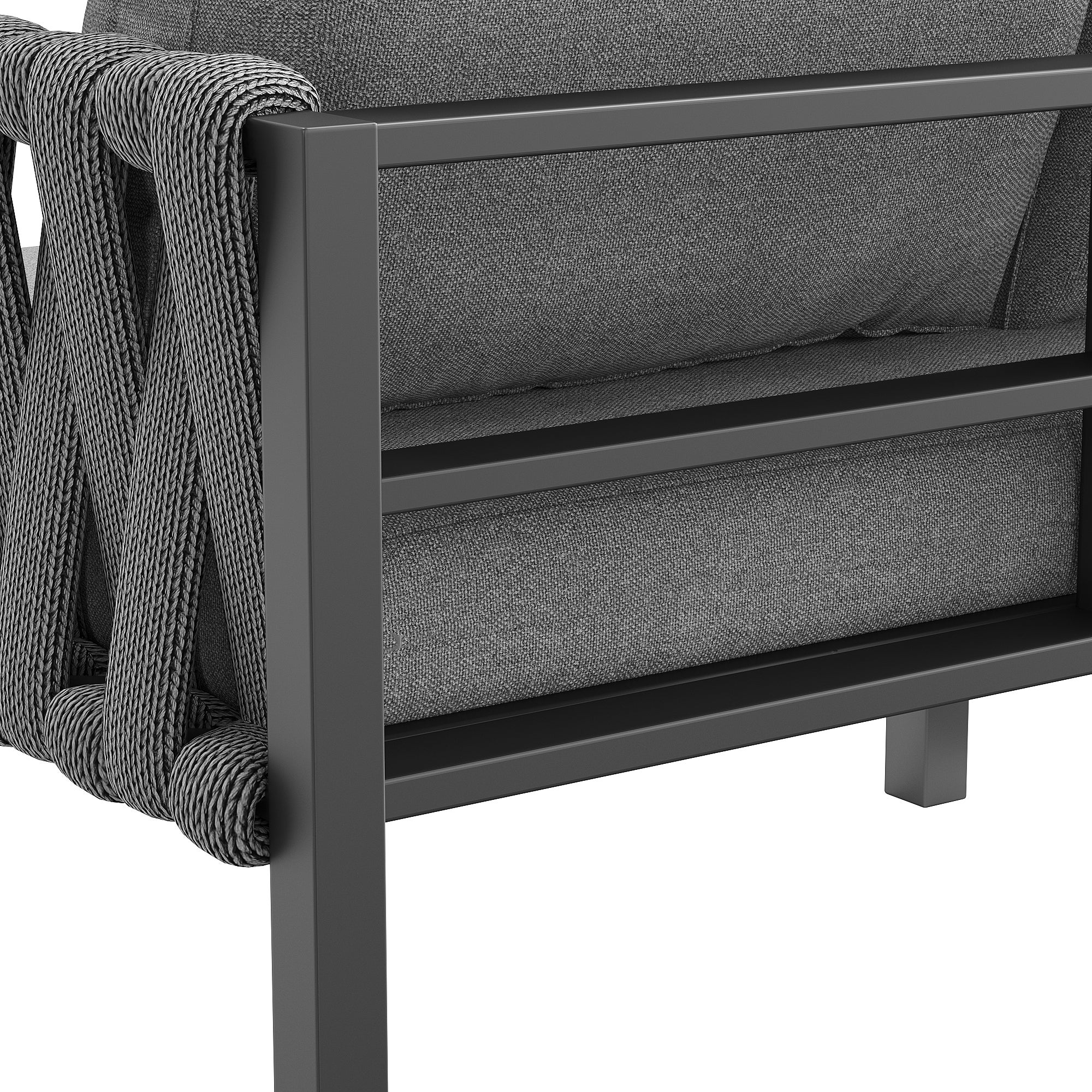 Ensemble de salle à manger de jardin - en corde - avec structure en fer galvanisé, pieds réglables, canapé d'angle, 1 fauteuil, 1 tabouret, gris - 7