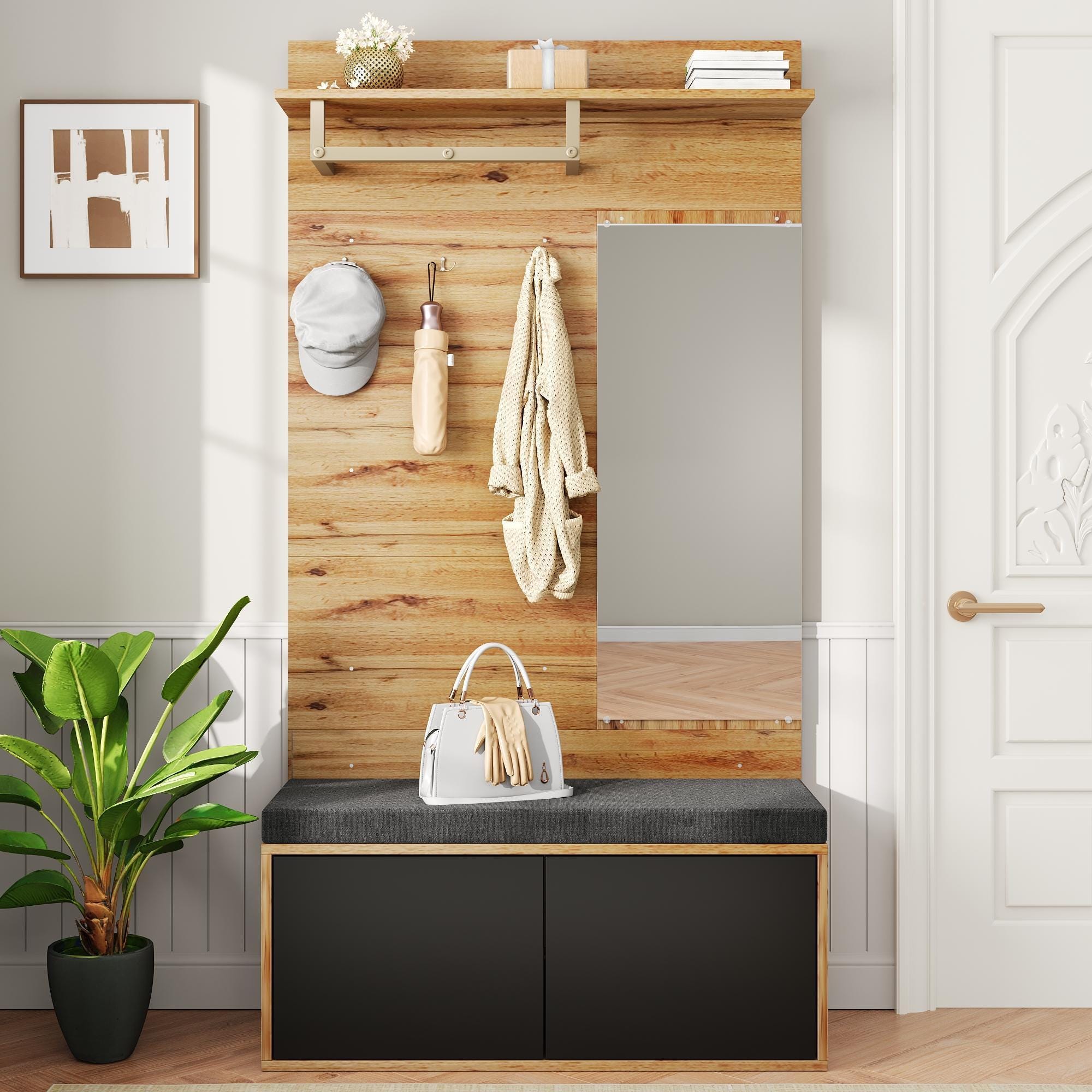 Guardarropa recibidor y Compacto con banco tapizado y zapatero,mueble ...