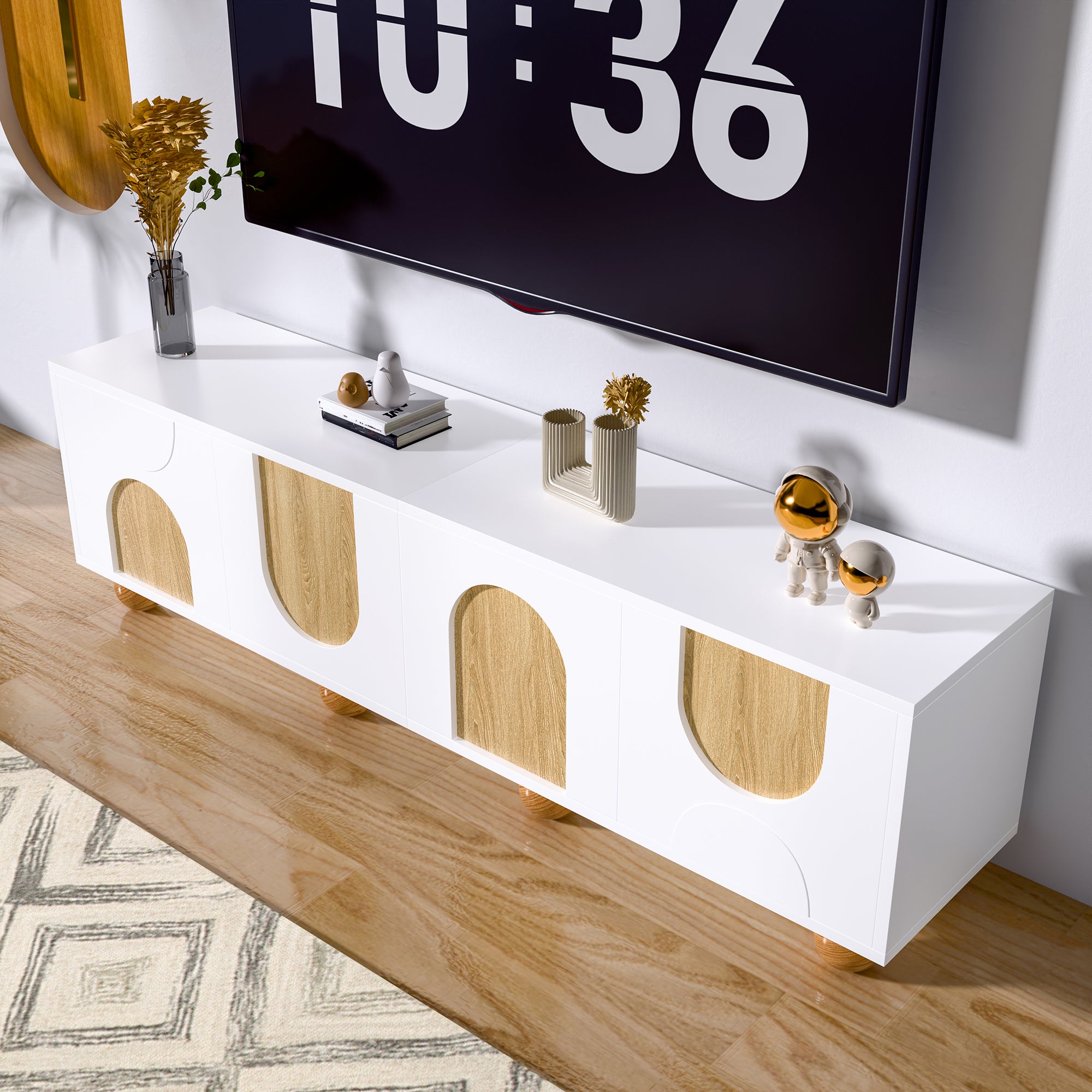 Meble pod TV 175x38x50cm - 4 fronty - wygląd vintage drewna - Drewniane nogi - MDF + płyty wiórowe - Biały i naturalny - 2