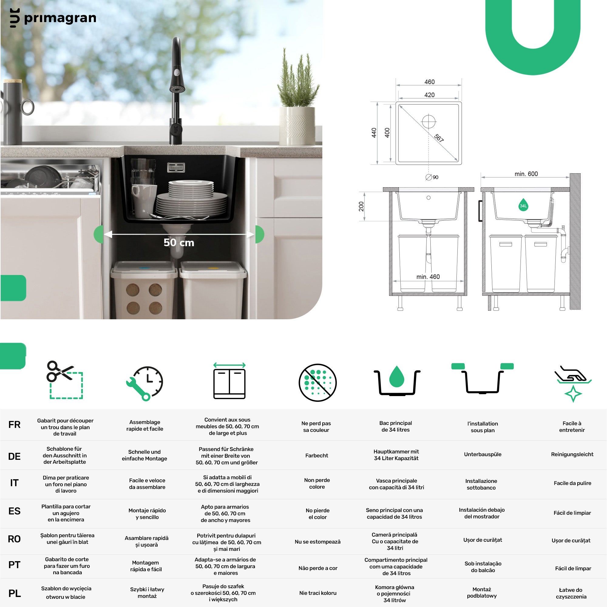 Lavandino sottotop Tutto Nero 46x44cm, Lavello in Granito a 1 vasca + Sifone Classico + Accessori, Lavabo da Cucina al mobile 50cm PRIMAGRAN - 6