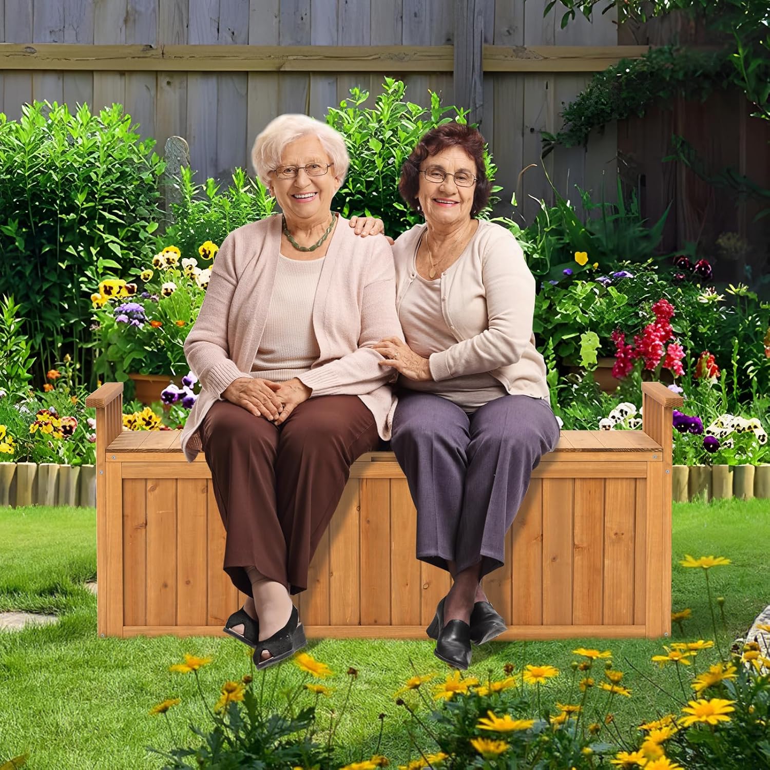 Banc de Rangement d'Extérieur en Bois, Banc d'Extérieur à 2 Places de 209 L avec Accoudoirs, pour Outils de Jardin, Charge 100KG - 8