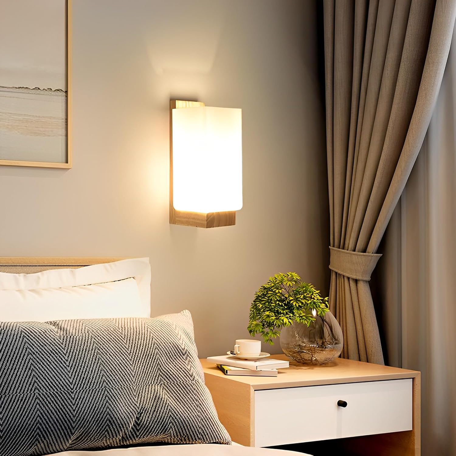 COMELY Appliques Murales en Bois Carrées E27, Lampe Murale avec Abat-Jour en Verre Blanc, Luminaire Intérieur pour Chambre Salon Salle de Bain Couloir - 7
