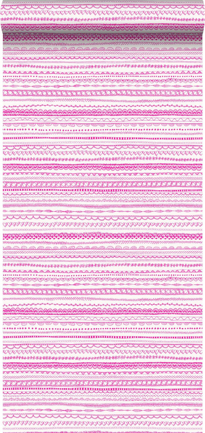 Tapeta koronkowe wstążki fuksji różu - 53 cm x 10.05 m - ESTAHOME