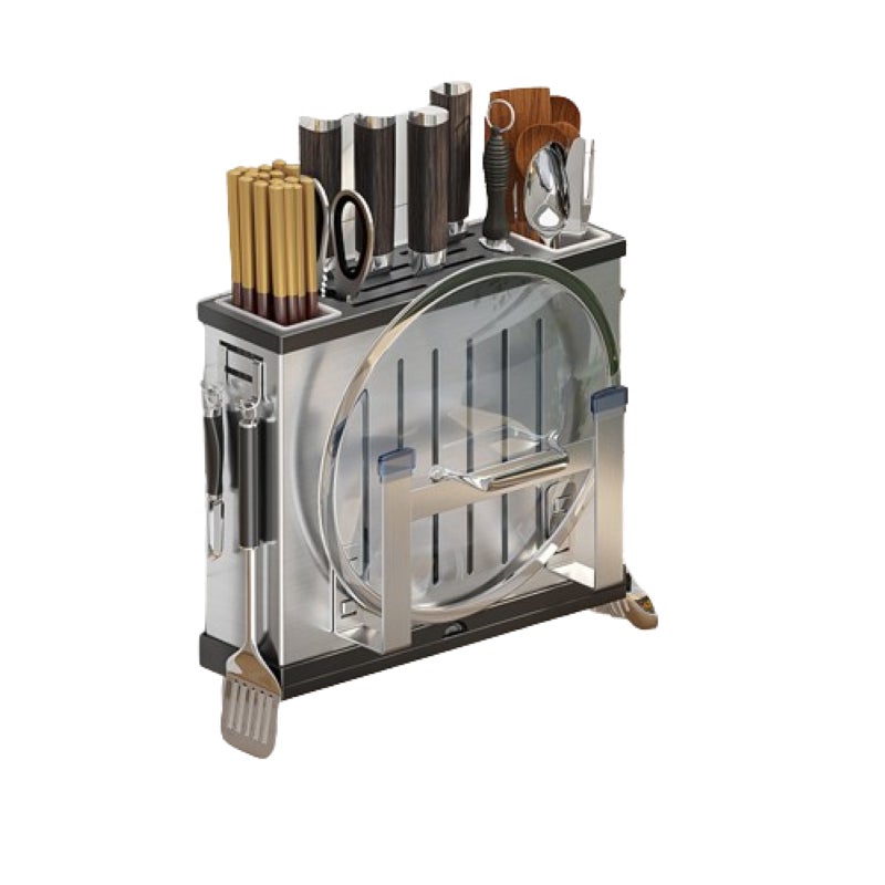 Organizer na noże, wielofunkcyjna półka kuchenna, stal nierdzewna 304, montaż ścienny bez otworów, z uchwytem na pokrywkę, 30*26,3*7 cm