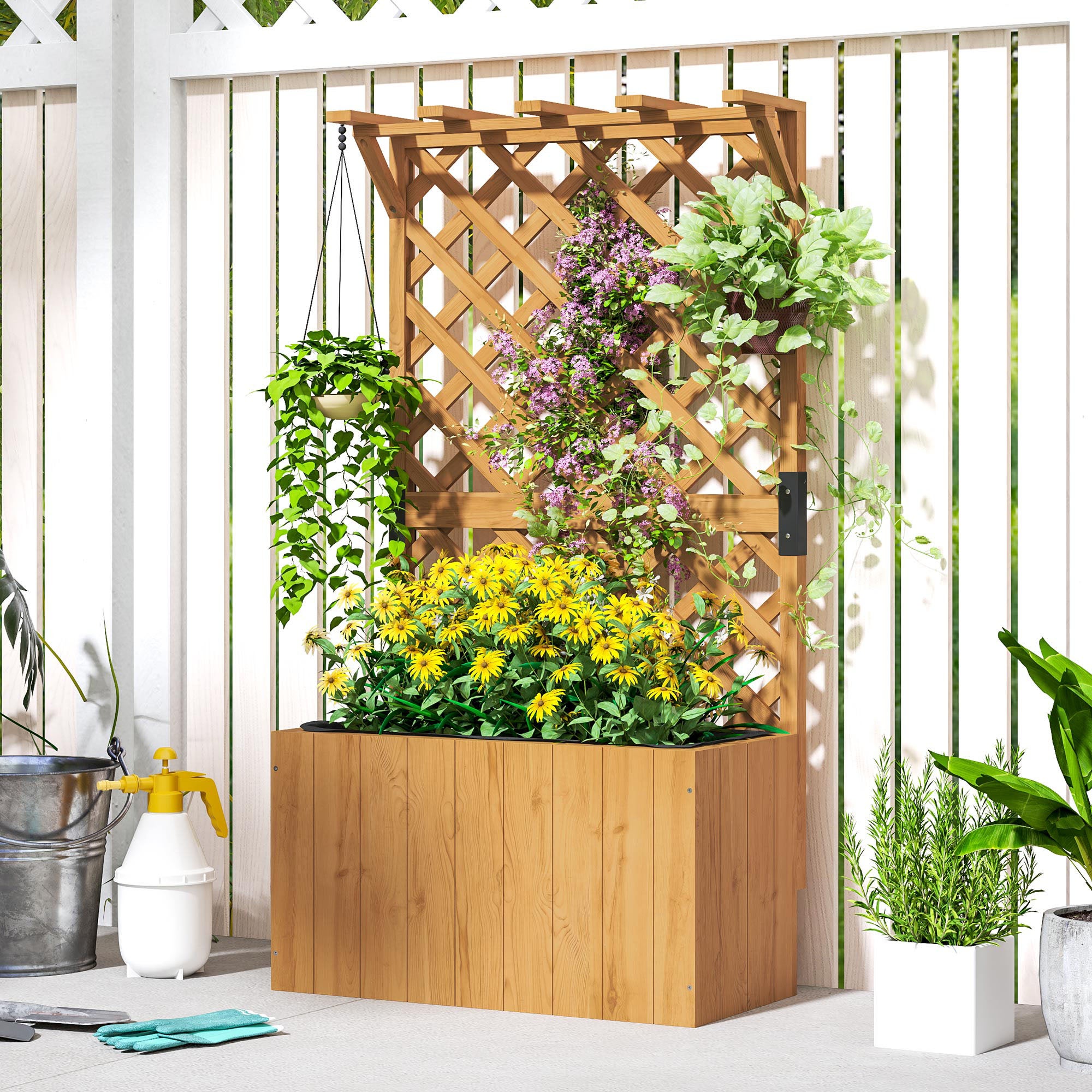 Jardinière surélevée avec treillis, toit pergola et trous de drainage, jardinière d'extérieur en sapin pour plantes grimpantes, fleurs,64x33x122 cm - 3