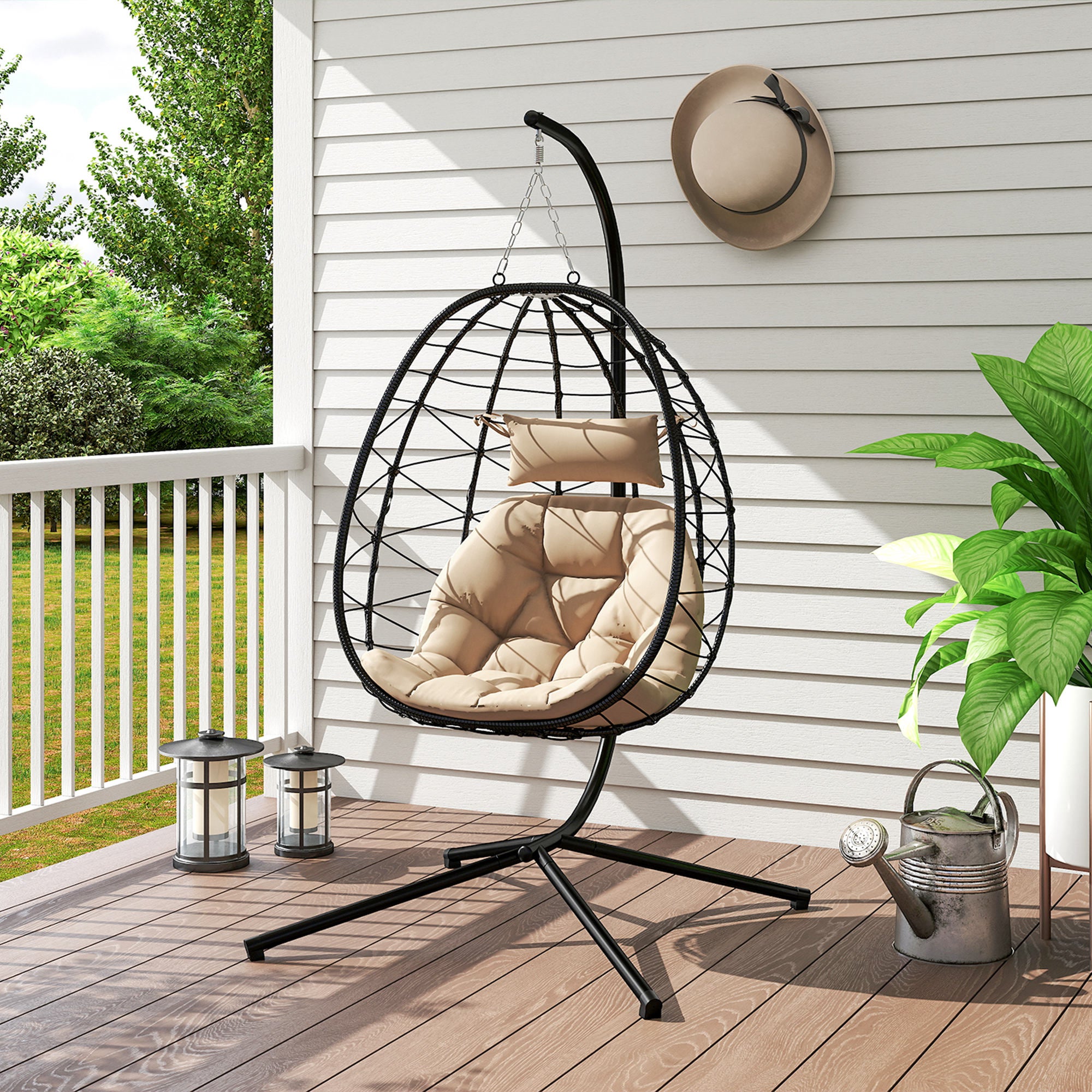 Cadeira Suspensa Outsunny Aço e Poliéster Cáqui 98x95x198 cm - 9